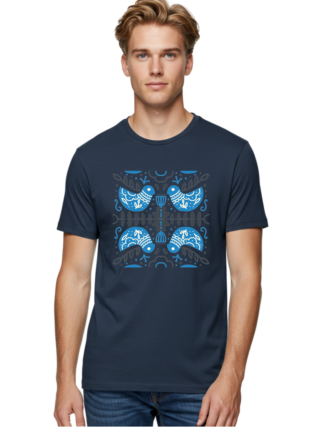 Blue-Birds Men'S Graphic Tee, 100% Cotton, Comfortable Casual Summer Wear, Machine Washable, Stylized Birds, Floral Patterns, Blue And White Illustrations, Leaf Motifs, Abstract Designs, Symmetrical Composition, Vintage Style, Folk Art Aab667