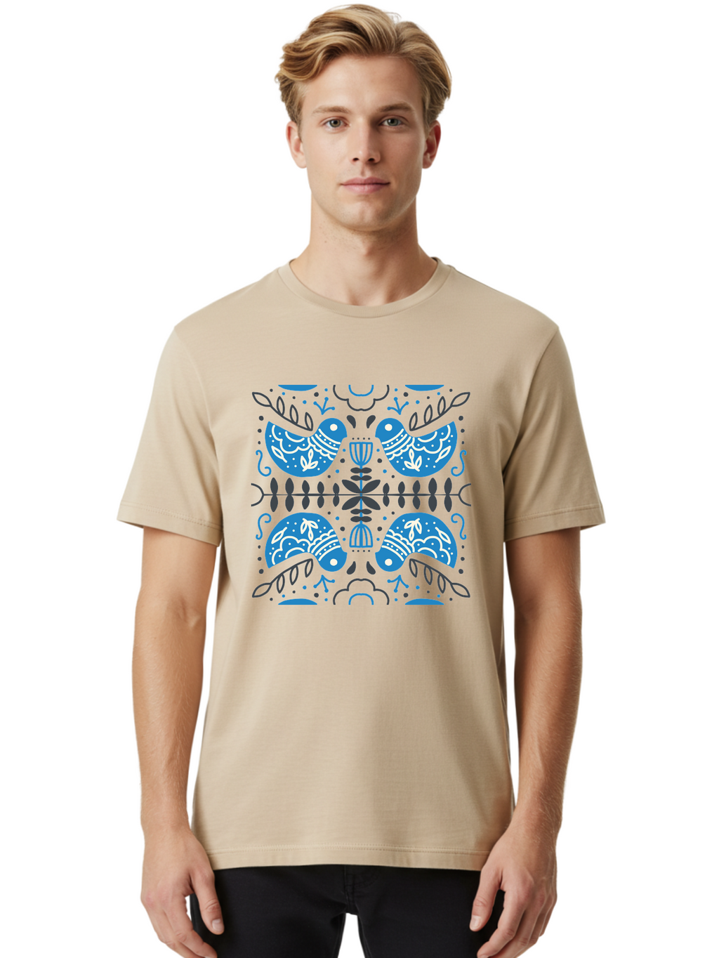 Blue-Birds Men'S Graphic Tee, 100% Cotton, Comfortable Casual Summer Wear, Machine Washable, Stylized Birds, Floral Patterns, Blue And White Illustrations, Leaf Motifs, Abstract Designs, Symmetrical Composition, Vintage Style, Folk Art Aab667