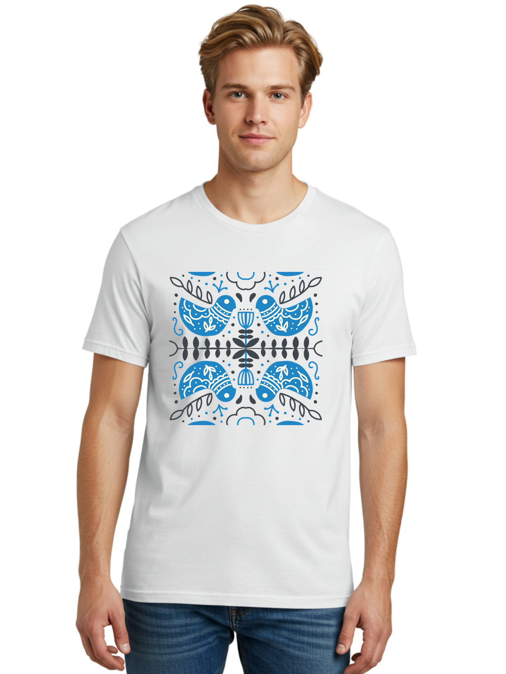 Blue-Birds Men'S Graphic Tee, 100% Cotton, Comfortable Casual Summer Wear, Machine Washable, Stylized Birds, Floral Patterns, Blue And White Illustrations, Leaf Motifs, Abstract Designs, Symmetrical Composition, Vintage Style, Folk Art Aab667