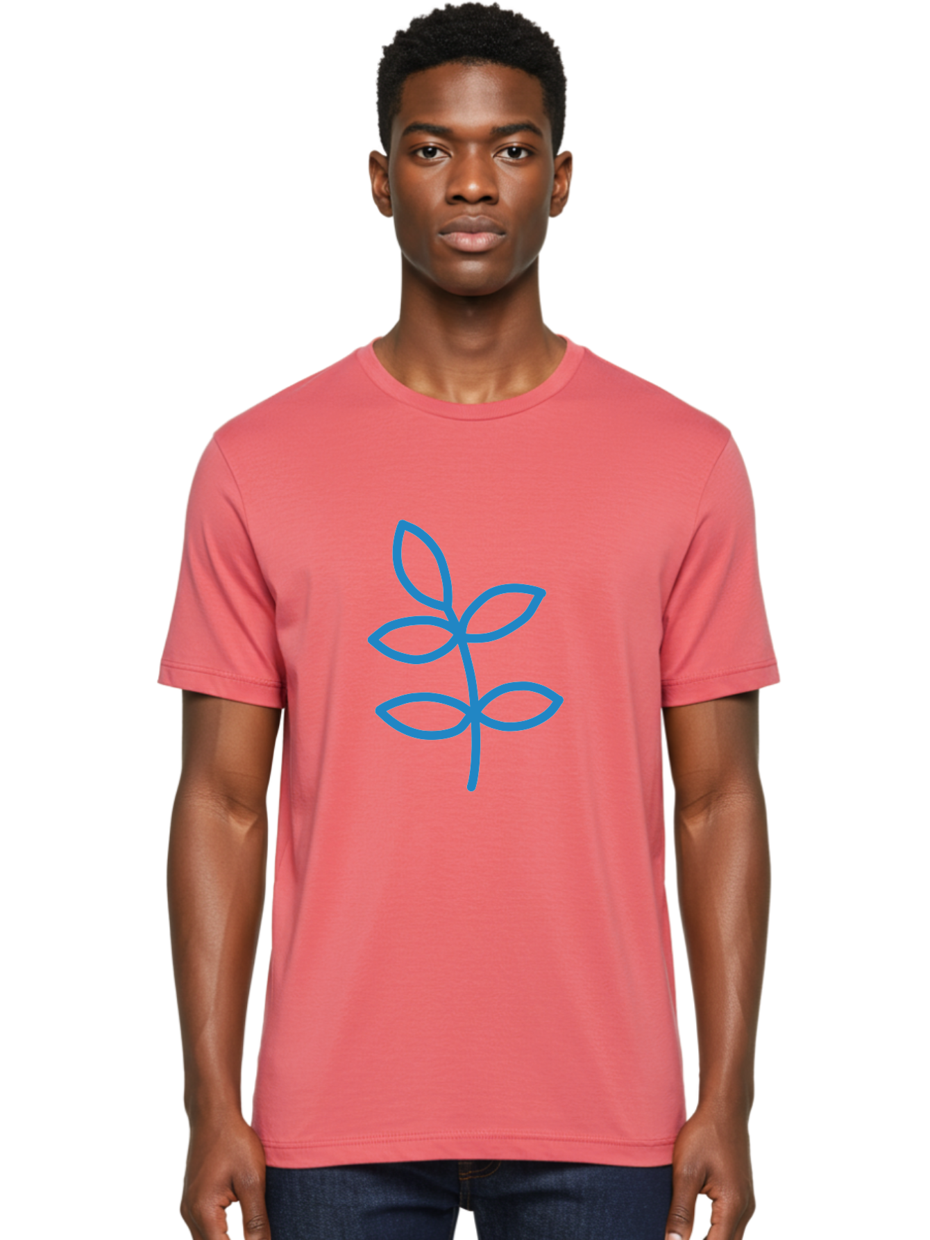 Blue-Leafy-Stem Men'S Graphic Tee, 100% Cotton, Comfortable Casual Summer Wear, Machine Washable, Simple Drawing, Blue Sprout, Five Leaves, Stem, Minimalist Design, Botanical Illustration, Hand-Drawn Art, Digital Art Aab669