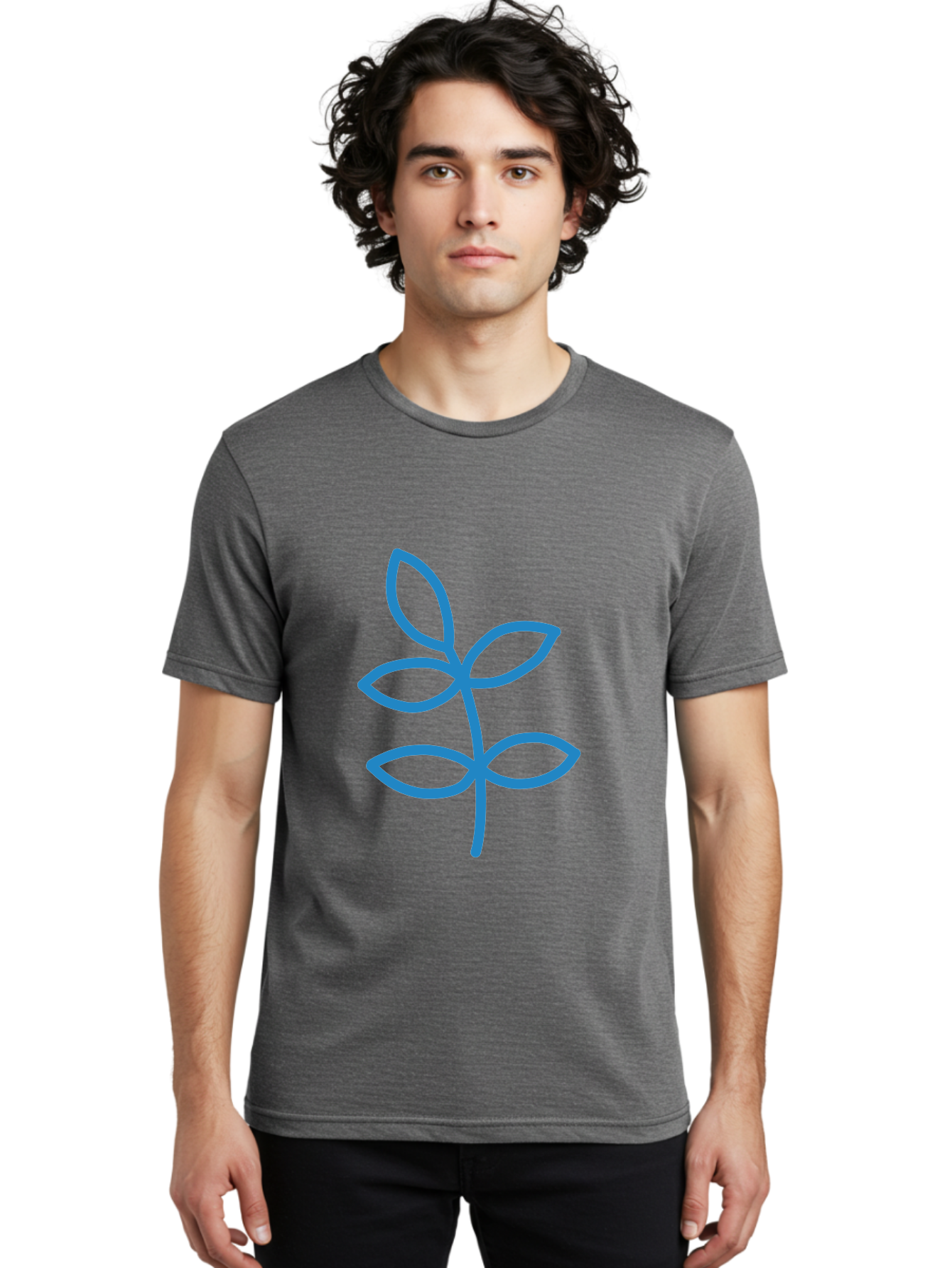 Blue-Leafy-Stem Men'S Graphic Tee, 100% Cotton, Comfortable Casual Summer Wear, Machine Washable, Simple Drawing, Blue Sprout, Five Leaves, Stem, Minimalist Design, Botanical Illustration, Hand-Drawn Art, Digital Art Aab669