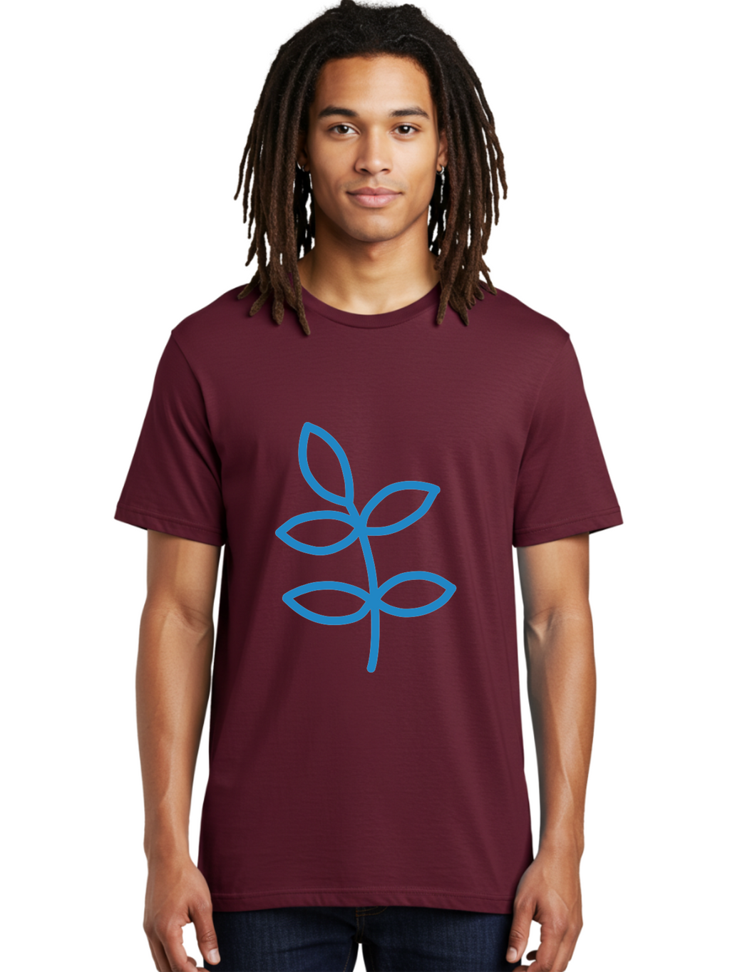 Blue-Leafy-Stem Men'S Graphic Tee, 100% Cotton, Comfortable Casual Summer Wear, Machine Washable, Simple Drawing, Blue Sprout, Five Leaves, Stem, Minimalist Design, Botanical Illustration, Hand-Drawn Art, Digital Art Aab669