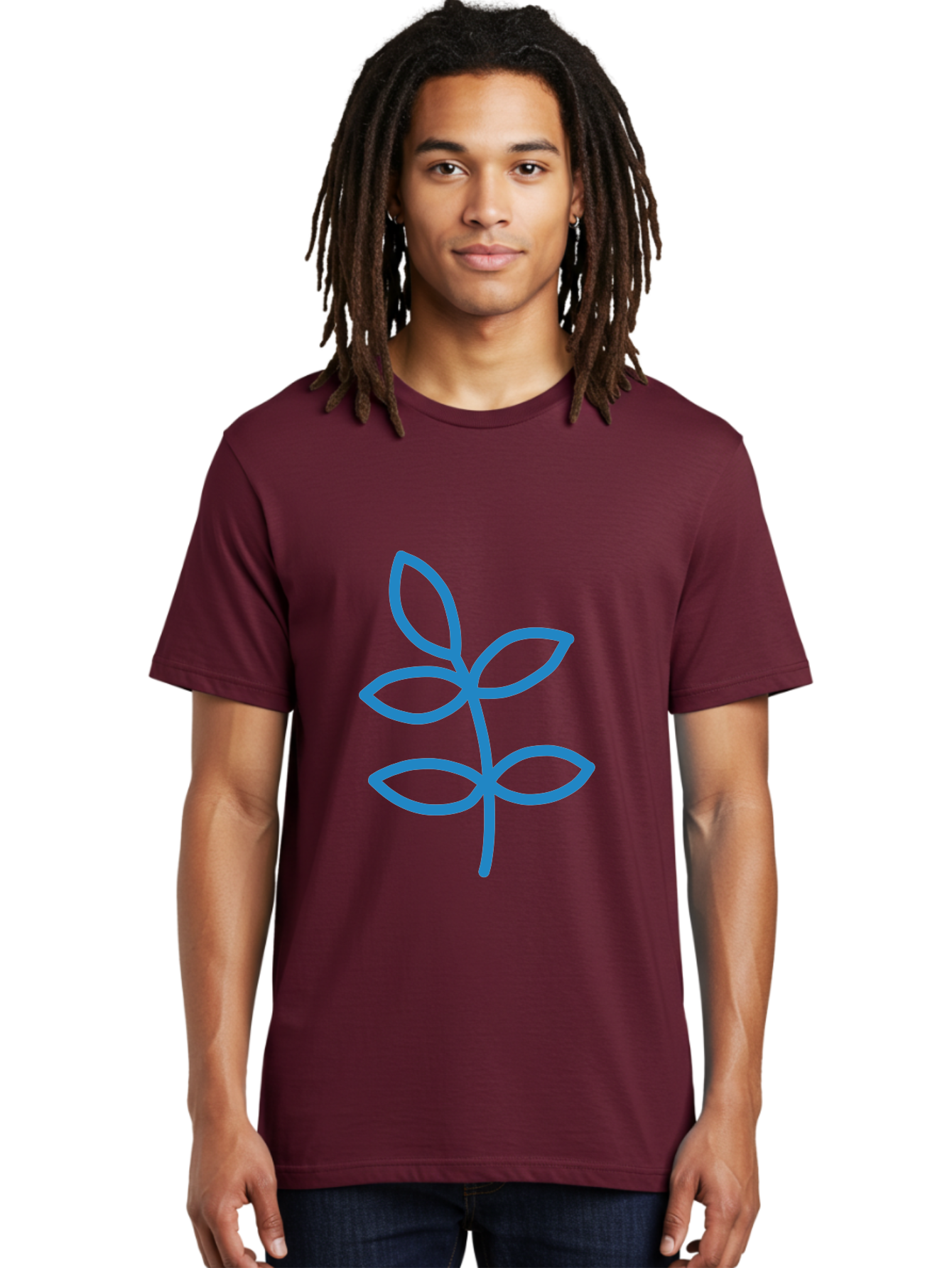 Blue-Leafy-Stem Men'S Graphic Tee, 100% Cotton, Comfortable Casual Summer Wear, Machine Washable, Simple Drawing, Blue Sprout, Five Leaves, Stem, Minimalist Design, Botanical Illustration, Hand-Drawn Art, Digital Art Aab669