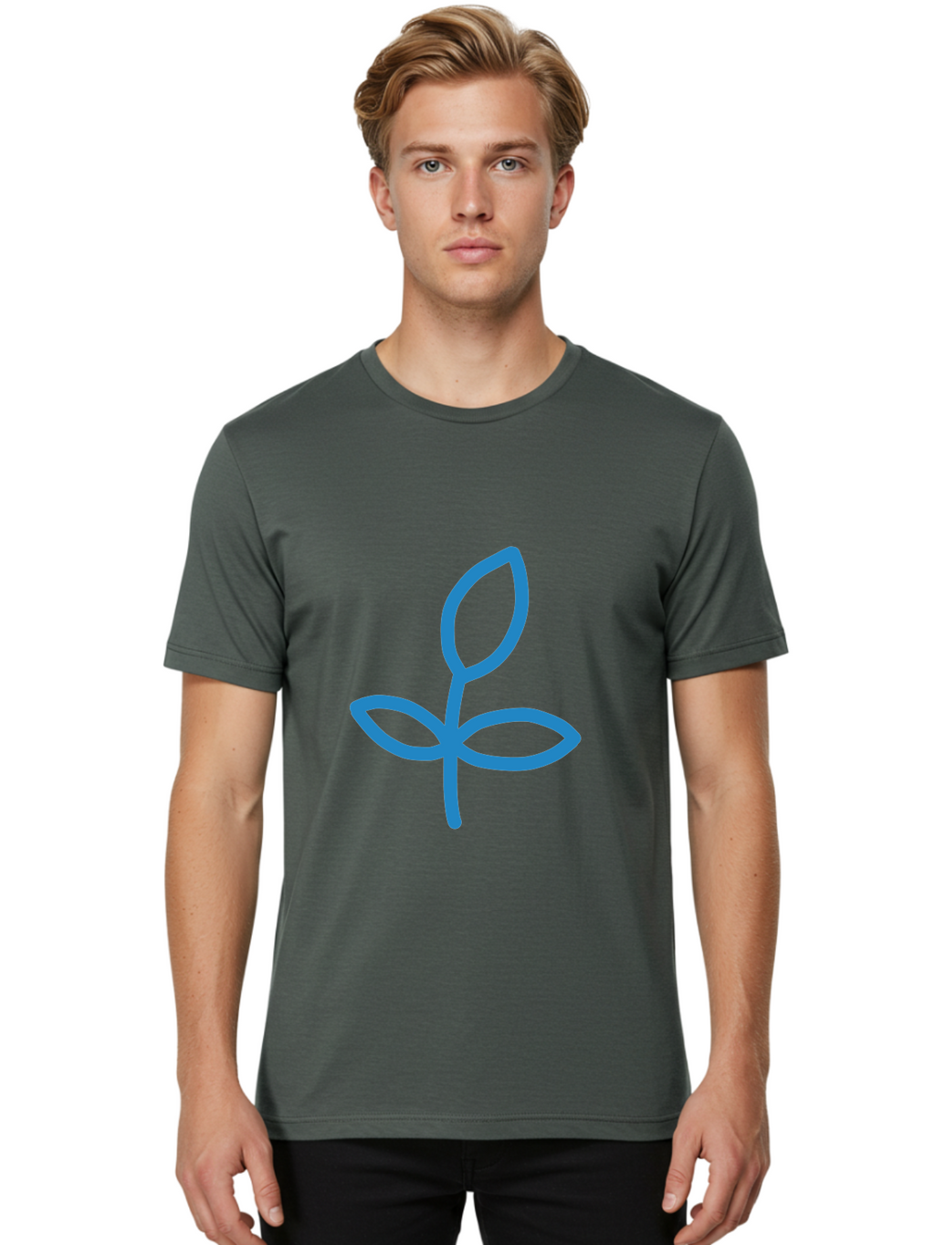 Blue-Plant Men'S Graphic Tee, 100% Cotton, Comfortable Casual Summer Wear, Machine Washable, Simple Plant Illustration, Blue Outline, Minimalist Design, Childlike Artwork, Hand-Drawn Imagery, Floral Motif, Stylized Leaves Aab671