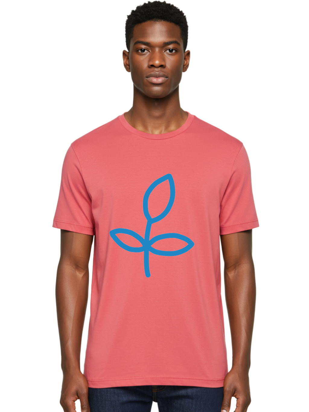 Blue-Plant Men'S Graphic Tee, 100% Cotton, Comfortable Casual Summer Wear, Machine Washable, Simple Plant Illustration, Blue Outline, Minimalist Design, Childlike Artwork, Hand-Drawn Imagery, Floral Motif, Stylized Leaves Aab671