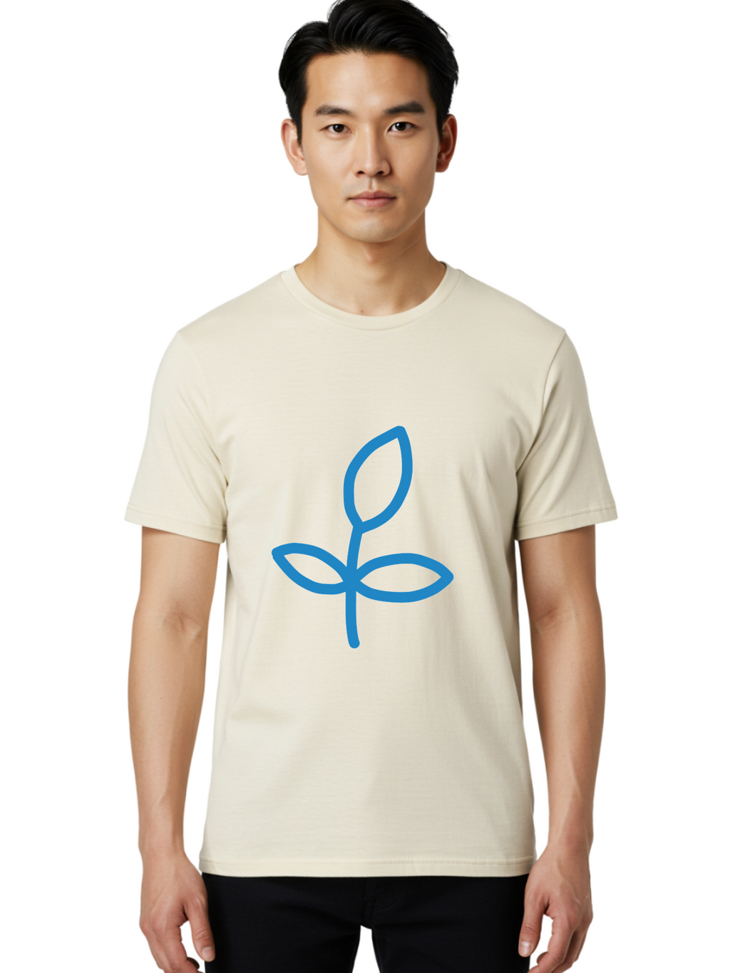 Blue-Plant Men'S Graphic Tee, 100% Cotton, Comfortable Casual Summer Wear, Machine Washable, Simple Plant Illustration, Blue Outline, Minimalist Design, Childlike Artwork, Hand-Drawn Imagery, Floral Motif, Stylized Leaves Aab671