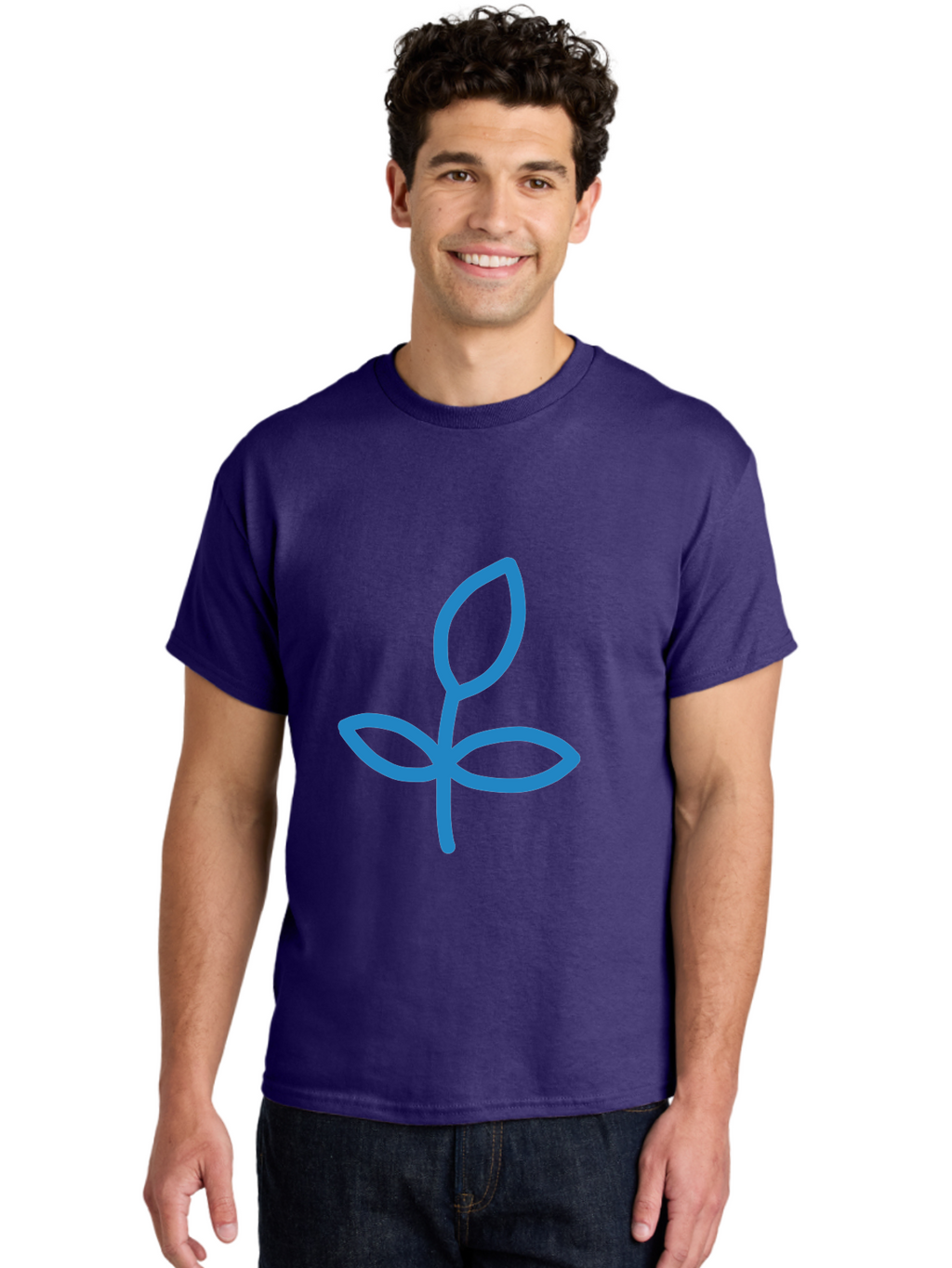 Blue-Plant Men'S Graphic Tee, 100% Cotton, Comfortable Casual Summer Wear, Machine Washable, Simple Plant Illustration, Blue Outline, Minimalist Design, Childlike Artwork, Hand-Drawn Imagery, Floral Motif, Stylized Leaves Aab671
