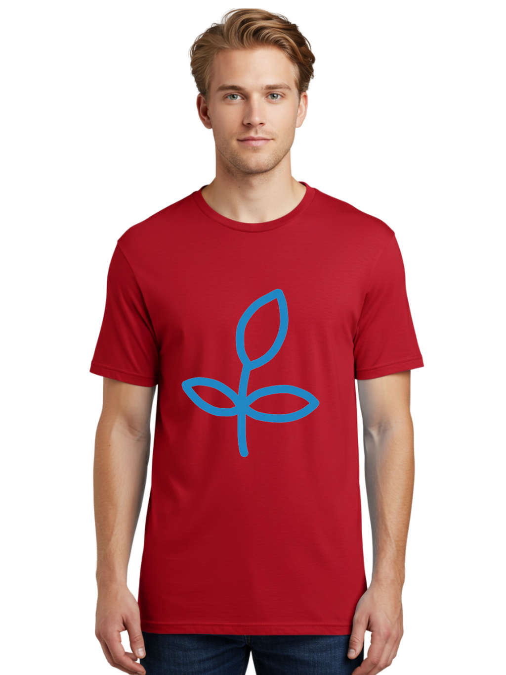 Blue-Plant Men'S Graphic Tee, 100% Cotton, Comfortable Casual Summer Wear, Machine Washable, Simple Plant Illustration, Blue Outline, Minimalist Design, Childlike Artwork, Hand-Drawn Imagery, Floral Motif, Stylized Leaves Aab671
