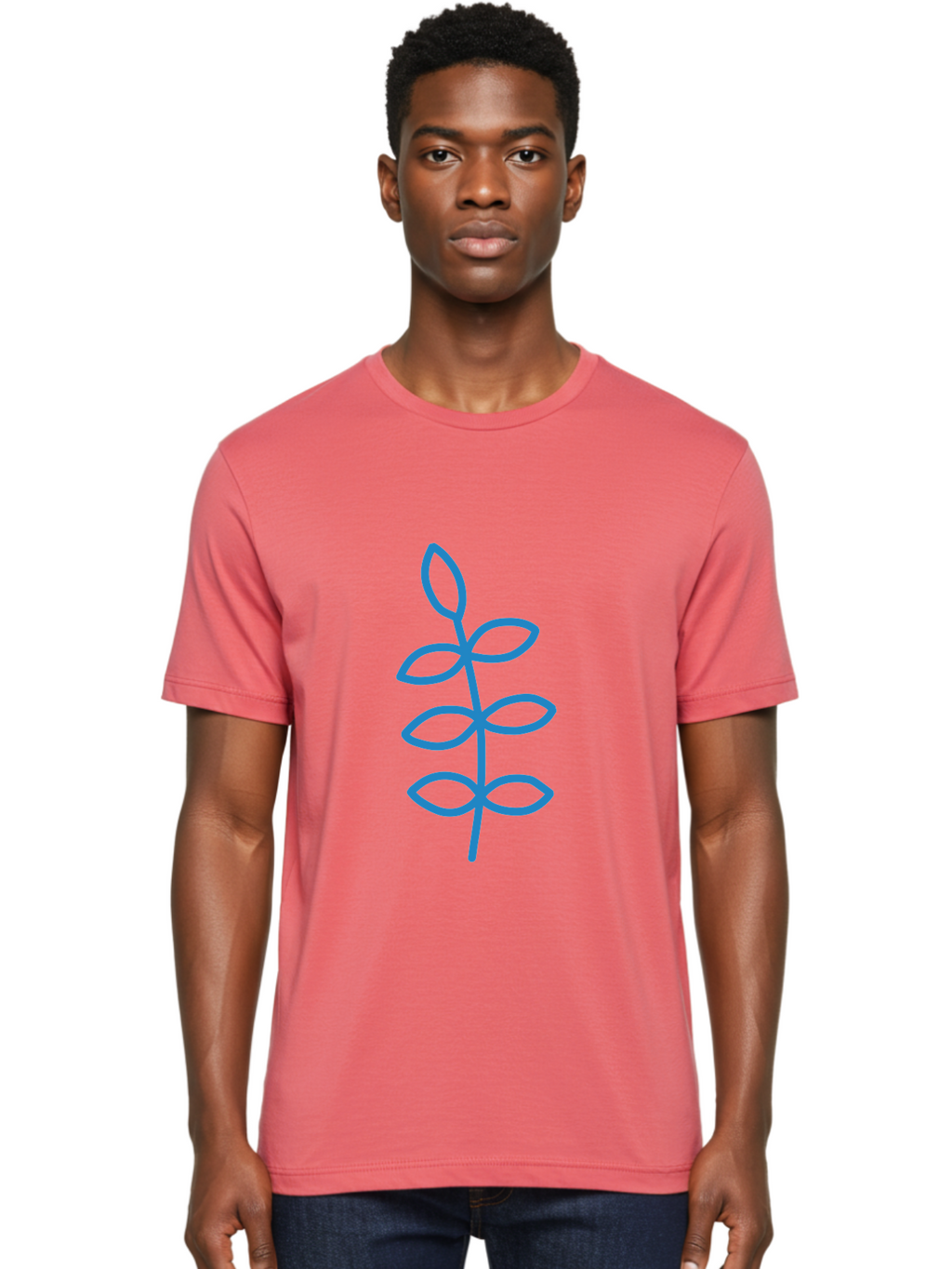 Blue-Stem Men'S Graphic Tee, 100% Cotton, Comfortable Casual Summer Wear, Machine Washable, Simple Plant Drawing, Blue Outline, Minimalist Art, Stylized Leaves, Modern Illustration, Digital Artwork, Nature-Inspired Design Aab672