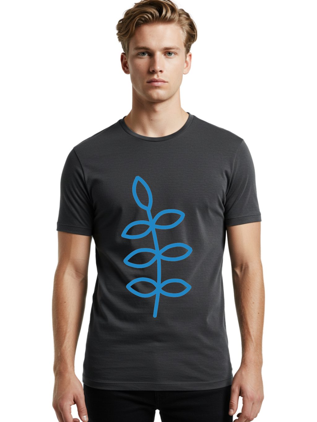 Blue-Stem Men'S Graphic Tee, 100% Cotton, Comfortable Casual Summer Wear, Machine Washable, Simple Plant Drawing, Blue Outline, Minimalist Art, Stylized Leaves, Modern Illustration, Digital Artwork, Nature-Inspired Design Aab672