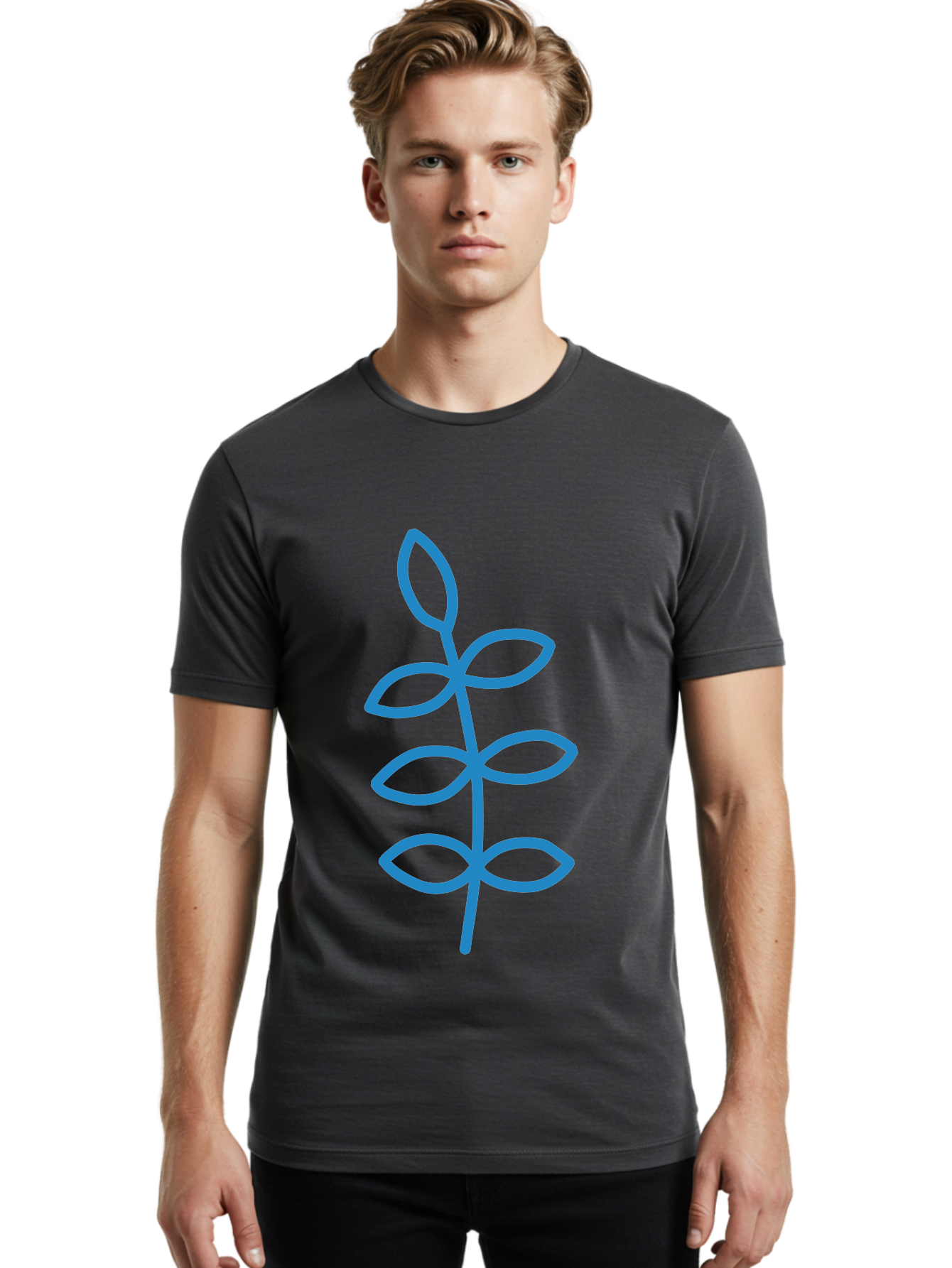 Blue-Stem Men'S Graphic Tee, 100% Cotton, Comfortable Casual Summer Wear, Machine Washable, Simple Plant Drawing, Blue Outline, Minimalist Art, Stylized Leaves, Modern Illustration, Digital Artwork, Nature-Inspired Design Aab672