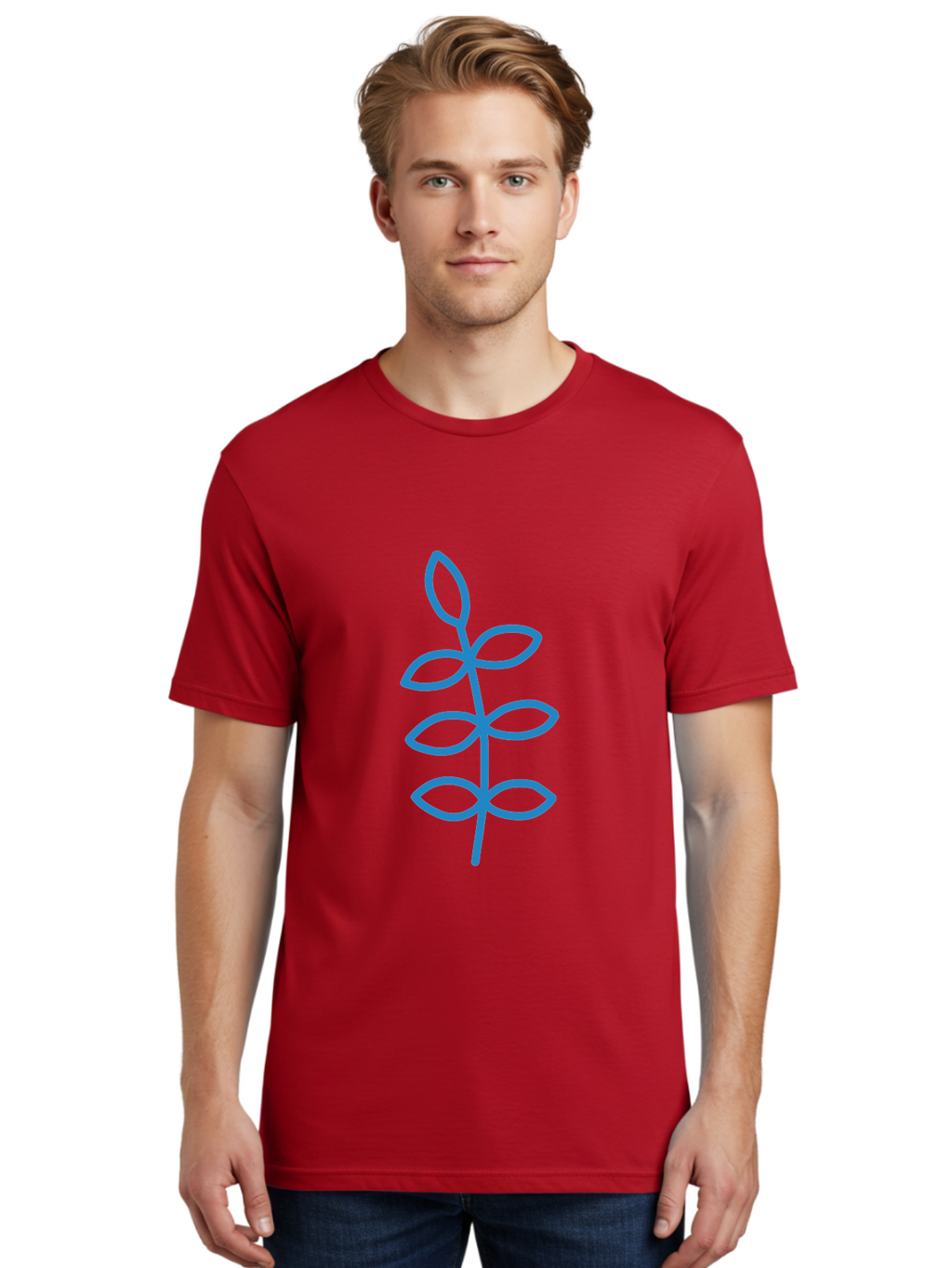 Blue-Stem Men'S Graphic Tee, 100% Cotton, Comfortable Casual Summer Wear, Machine Washable, Simple Plant Drawing, Blue Outline, Minimalist Art, Stylized Leaves, Modern Illustration, Digital Artwork, Nature-Inspired Design Aab672