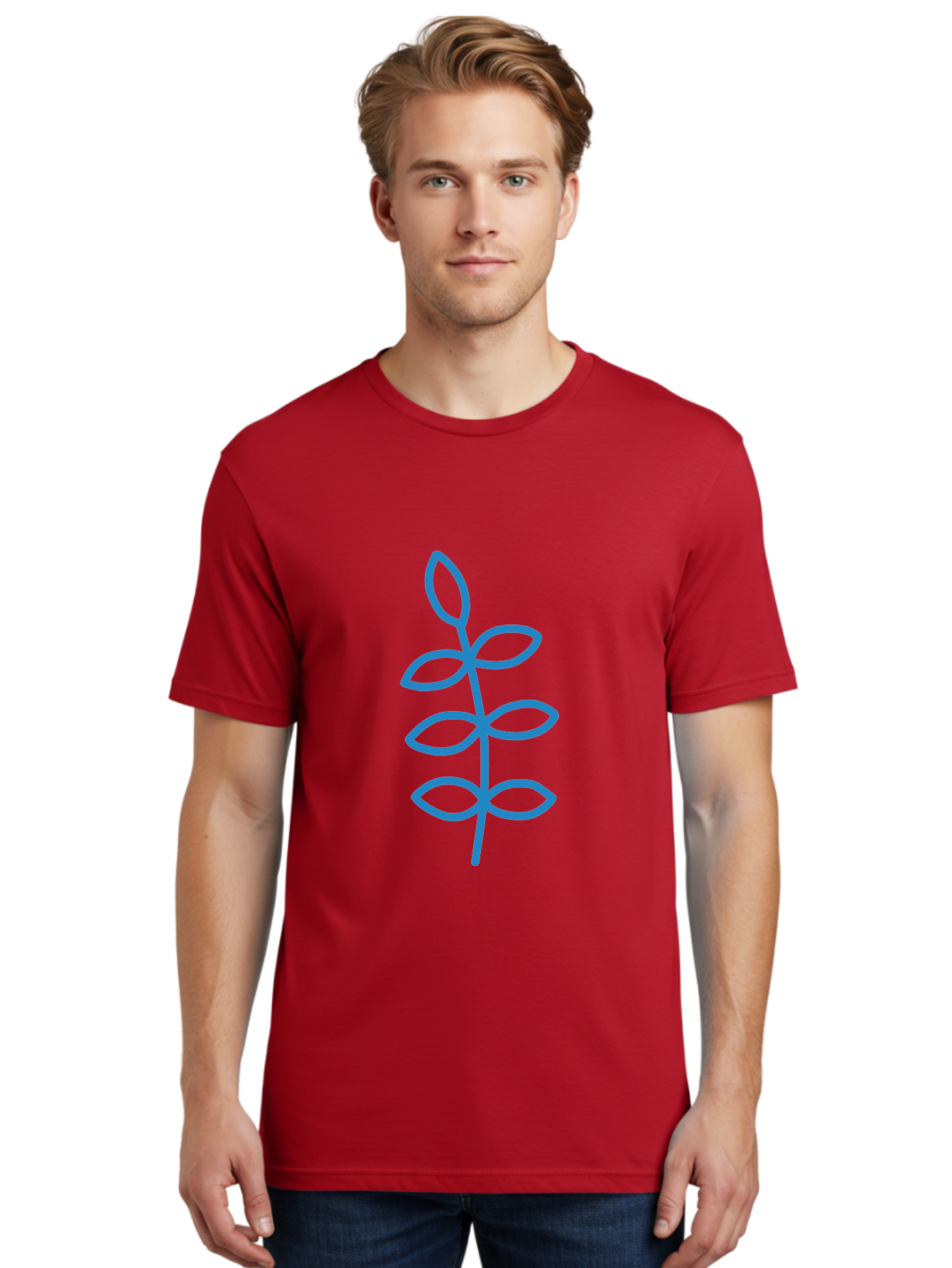 Blue-Stem Men'S Graphic Tee, 100% Cotton, Comfortable Casual Summer Wear, Machine Washable, Simple Plant Drawing, Blue Outline, Minimalist Art, Stylized Leaves, Modern Illustration, Digital Artwork, Nature-Inspired Design Aab672