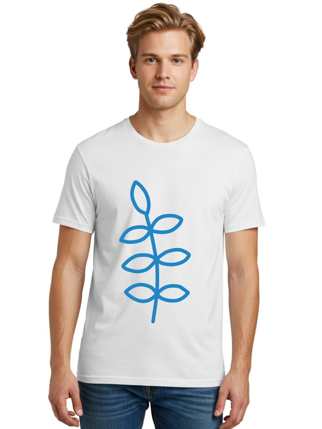 Blue-Stem Men'S Graphic Tee, 100% Cotton, Comfortable Casual Summer Wear, Machine Washable, Simple Plant Drawing, Blue Outline, Minimalist Art, Stylized Leaves, Modern Illustration, Digital Artwork, Nature-Inspired Design Aab672