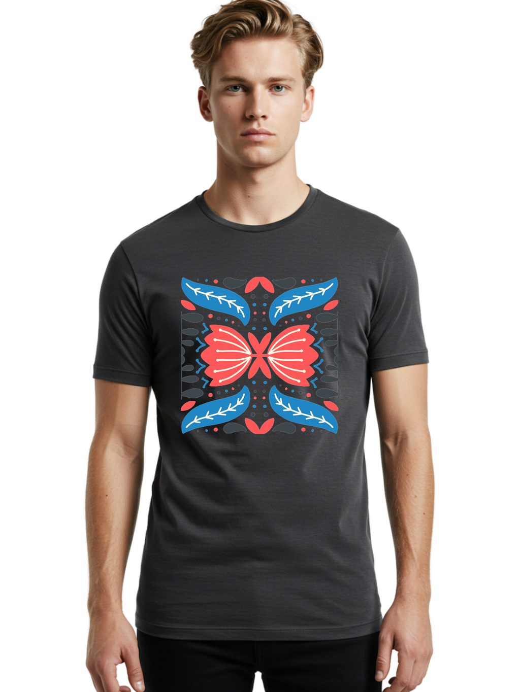 Butterfly-Pattern-1 Men'S Graphic Tee, 100% Cotton, Comfortable Casual Summer Wear, Machine Washable, Symmetrical Butterfly Design, Floral Pattern, Vibrant Red And Blue Hues, White Accents, Abstract Shapes, Folk Art Inspiration, Aab674