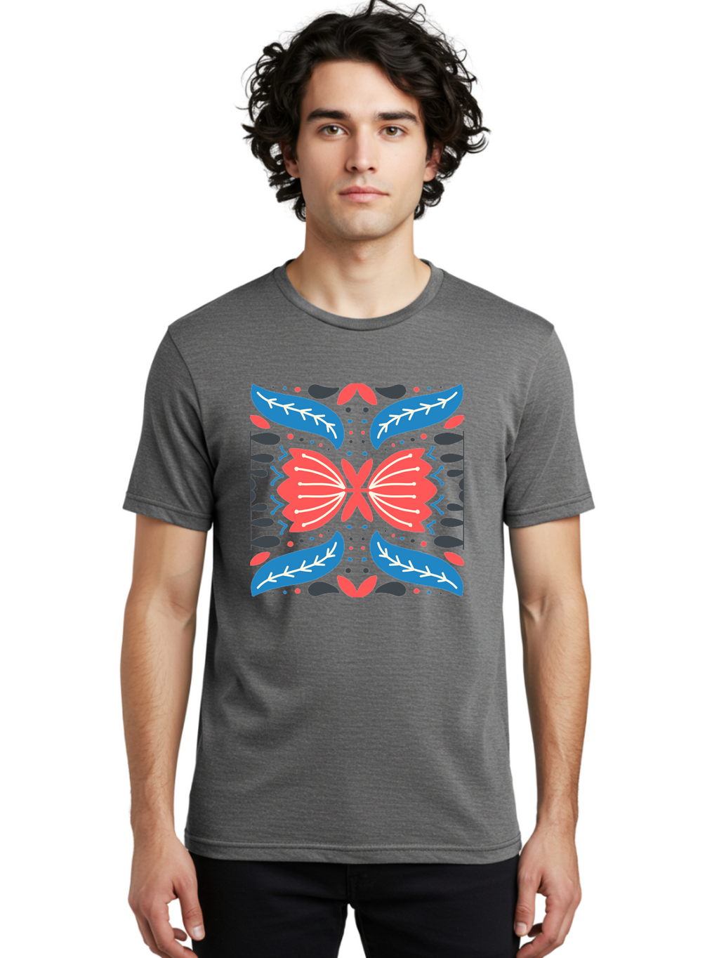 Butterfly-Pattern-1 Men'S Graphic Tee, 100% Cotton, Comfortable Casual Summer Wear, Machine Washable, Symmetrical Butterfly Design, Floral Pattern, Vibrant Red And Blue Hues, White Accents, Abstract Shapes, Folk Art Inspiration, Aab674