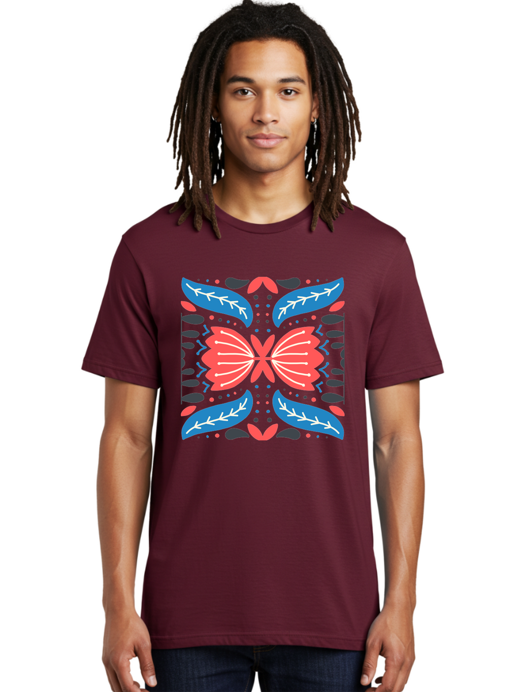 Butterfly-Pattern-1 Men'S Graphic Tee, 100% Cotton, Comfortable Casual Summer Wear, Machine Washable, Symmetrical Butterfly Design, Floral Pattern, Vibrant Red And Blue Hues, White Accents, Abstract Shapes, Folk Art Inspiration, Aab674