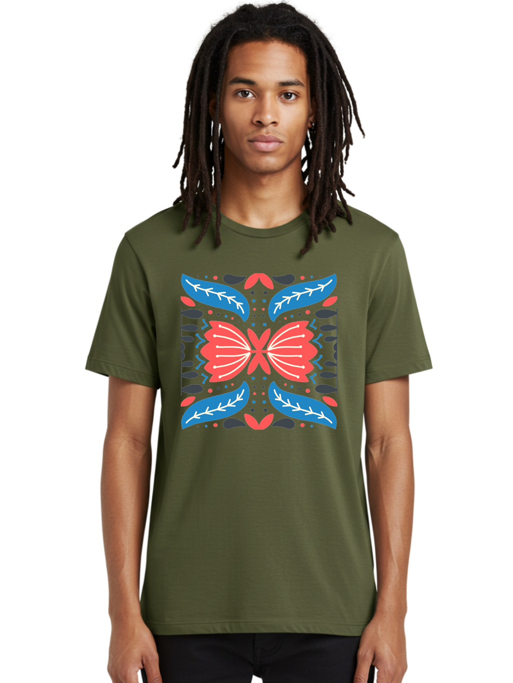 Butterfly-Pattern-1 Men'S Graphic Tee, 100% Cotton, Comfortable Casual Summer Wear, Machine Washable, Symmetrical Butterfly Design, Floral Pattern, Vibrant Red And Blue Hues, White Accents, Abstract Shapes, Folk Art Inspiration, Aab674