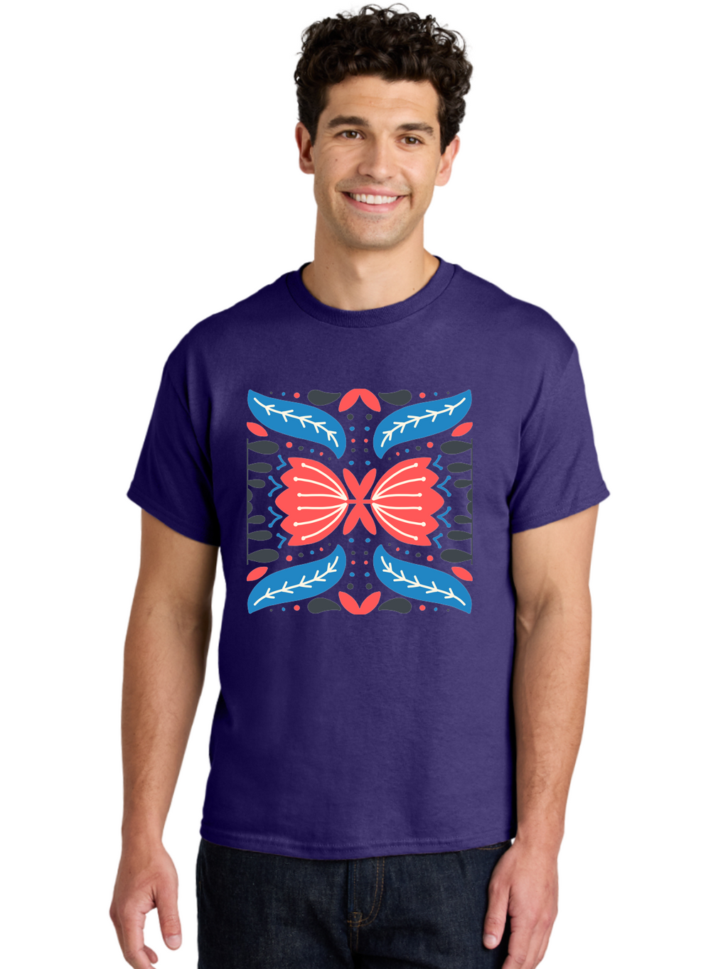 Butterfly-Pattern-1 Men'S Graphic Tee, 100% Cotton, Comfortable Casual Summer Wear, Machine Washable, Symmetrical Butterfly Design, Floral Pattern, Vibrant Red And Blue Hues, White Accents, Abstract Shapes, Folk Art Inspiration, Aab674