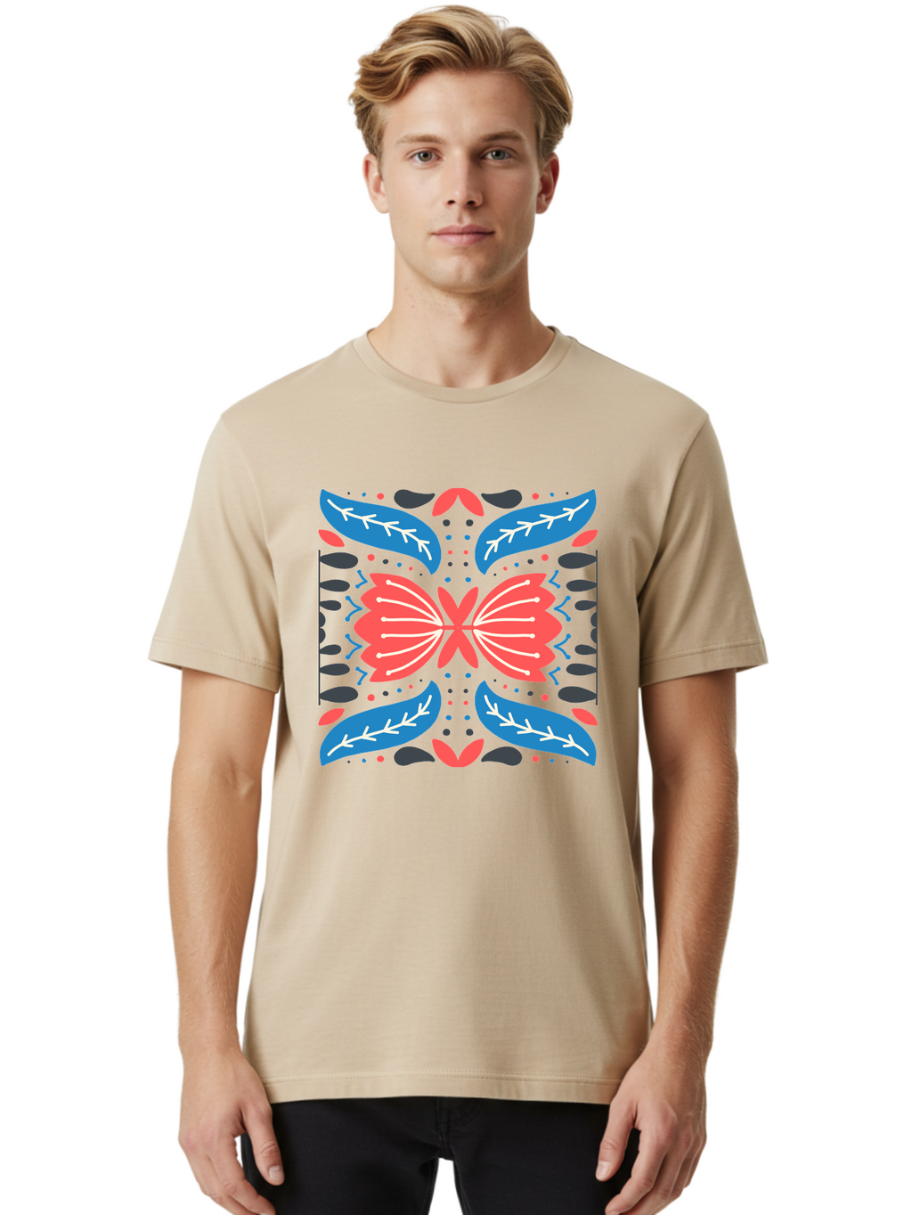 Butterfly-Pattern-1 Men'S Graphic Tee, 100% Cotton, Comfortable Casual Summer Wear, Machine Washable, Symmetrical Butterfly Design, Floral Pattern, Vibrant Red And Blue Hues, White Accents, Abstract Shapes, Folk Art Inspiration, Aab674