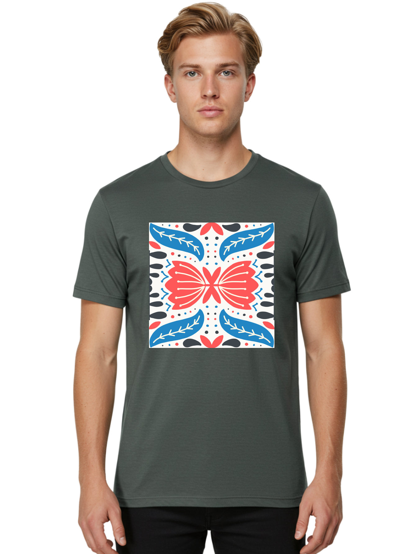 Butterfly-Pattern Men'S Graphic Tee, 100% Cotton, Comfortable Casual Summer Wear, Machine Washable, Butterfly, Floral Pattern, Red And Blue, Abstract Design, Symmetrical Shape, Graphic Illustration, Folk Art, Decorative Elements, Leaf Shapes Aab675