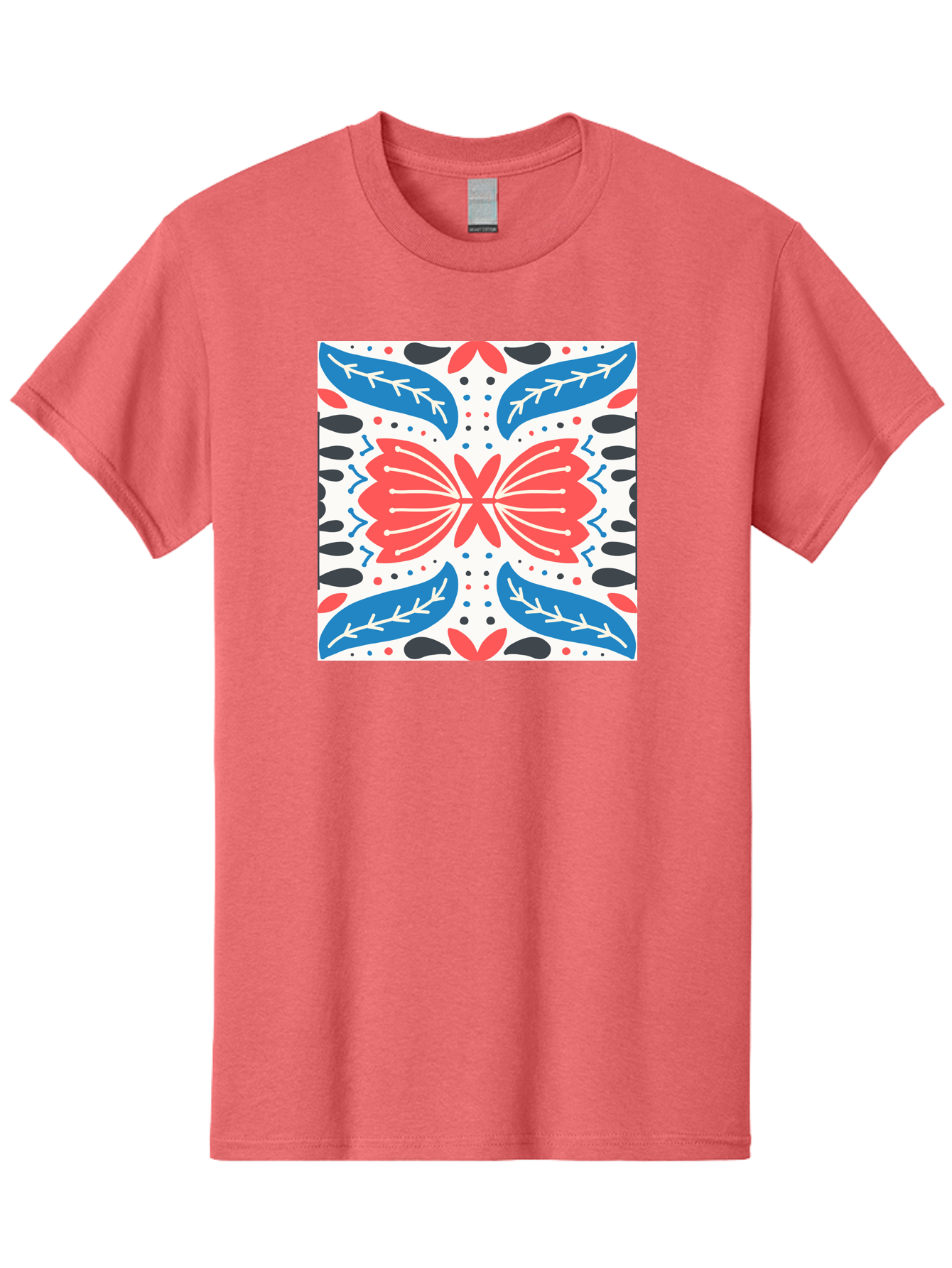 Butterfly-Pattern Men'S Graphic Tee, 100% Cotton, Comfortable Casual Summer Wear, Machine Washable, Butterfly, Floral Pattern, Red And Blue, Abstract Design, Symmetrical Shape, Graphic Illustration, Folk Art, Decorative Elements, Leaf Shapes Aab675