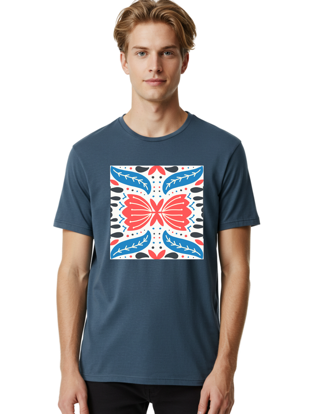 Butterfly-Pattern Men'S Graphic Tee, 100% Cotton, Comfortable Casual Summer Wear, Machine Washable, Butterfly, Floral Pattern, Red And Blue, Abstract Design, Symmetrical Shape, Graphic Illustration, Folk Art, Decorative Elements, Leaf Shapes Aab675