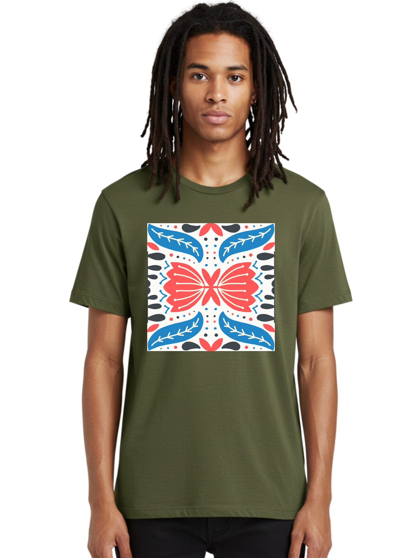 Butterfly-Pattern Men'S Graphic Tee, 100% Cotton, Comfortable Casual Summer Wear, Machine Washable, Butterfly, Floral Pattern, Red And Blue, Abstract Design, Symmetrical Shape, Graphic Illustration, Folk Art, Decorative Elements, Leaf Shapes Aab675
