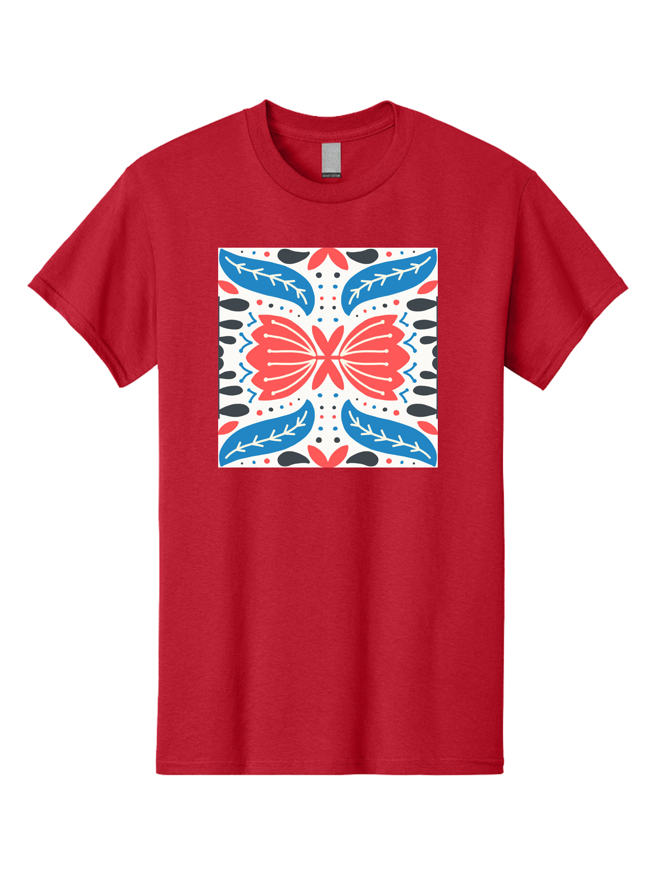 Butterfly-Pattern Men'S Graphic Tee, 100% Cotton, Comfortable Casual Summer Wear, Machine Washable, Butterfly, Floral Pattern, Red And Blue, Abstract Design, Symmetrical Shape, Graphic Illustration, Folk Art, Decorative Elements, Leaf Shapes Aab675