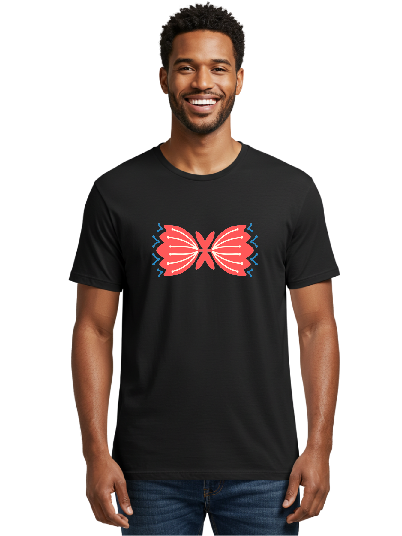 Butterfly Men'S Graphic Tee, 100% Cotton, Comfortable Casual Summer Wear, Machine Washable, Pink Butterfly, Symmetrical Design, White Lines, Blue Zigzags, Abstract Art, Colorful Graphics, Modern Illustration, Decorative Wings Aab676
