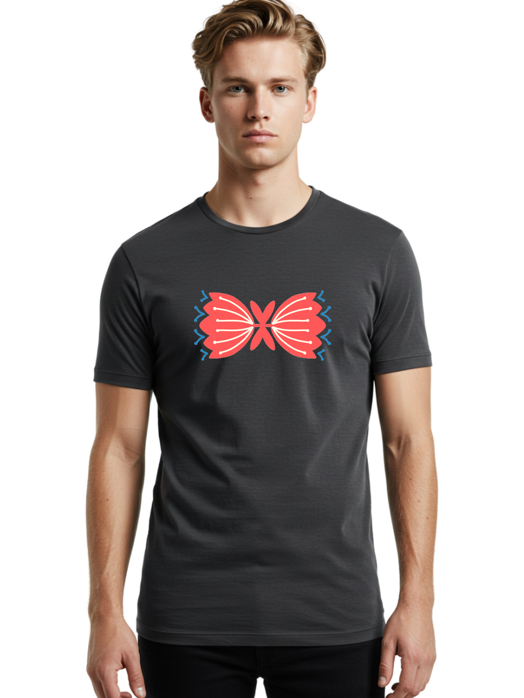Butterfly Men'S Graphic Tee, 100% Cotton, Comfortable Casual Summer Wear, Machine Washable, Pink Butterfly, Symmetrical Design, White Lines, Blue Zigzags, Abstract Art, Colorful Graphics, Modern Illustration, Decorative Wings Aab676