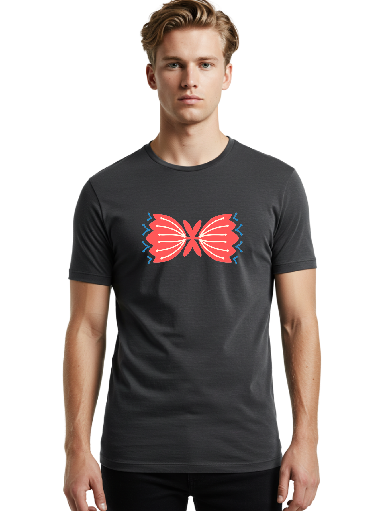 Butterfly Men'S Graphic Tee, 100% Cotton, Comfortable Casual Summer Wear, Machine Washable, Pink Butterfly, Symmetrical Design, White Lines, Blue Zigzags, Abstract Art, Colorful Graphics, Modern Illustration, Decorative Wings Aab676