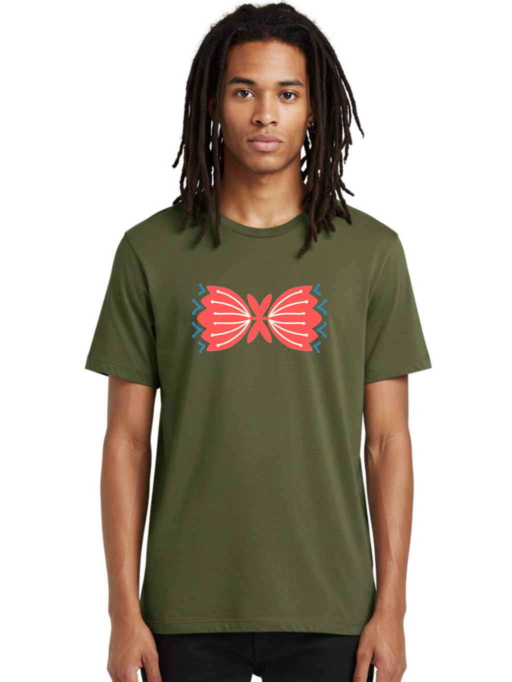 Butterfly Men'S Graphic Tee, 100% Cotton, Comfortable Casual Summer Wear, Machine Washable, Pink Butterfly, Symmetrical Design, White Lines, Blue Zigzags, Abstract Art, Colorful Graphics, Modern Illustration, Decorative Wings Aab676