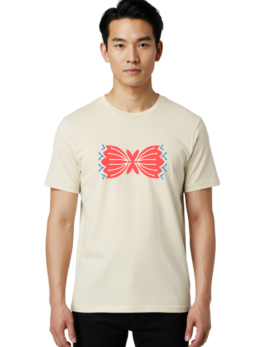 Butterfly Men'S Graphic Tee, 100% Cotton, Comfortable Casual Summer Wear, Machine Washable, Pink Butterfly, Symmetrical Design, White Lines, Blue Zigzags, Abstract Art, Colorful Graphics, Modern Illustration, Decorative Wings Aab676