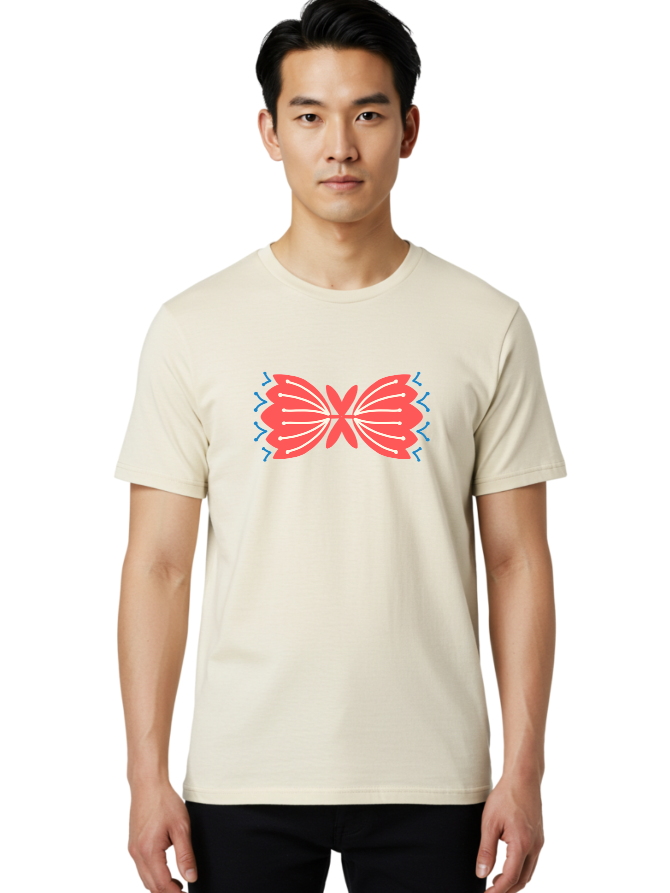 Butterfly Men'S Graphic Tee, 100% Cotton, Comfortable Casual Summer Wear, Machine Washable, Pink Butterfly, Symmetrical Design, White Lines, Blue Zigzags, Abstract Art, Colorful Graphics, Modern Illustration, Decorative Wings Aab676