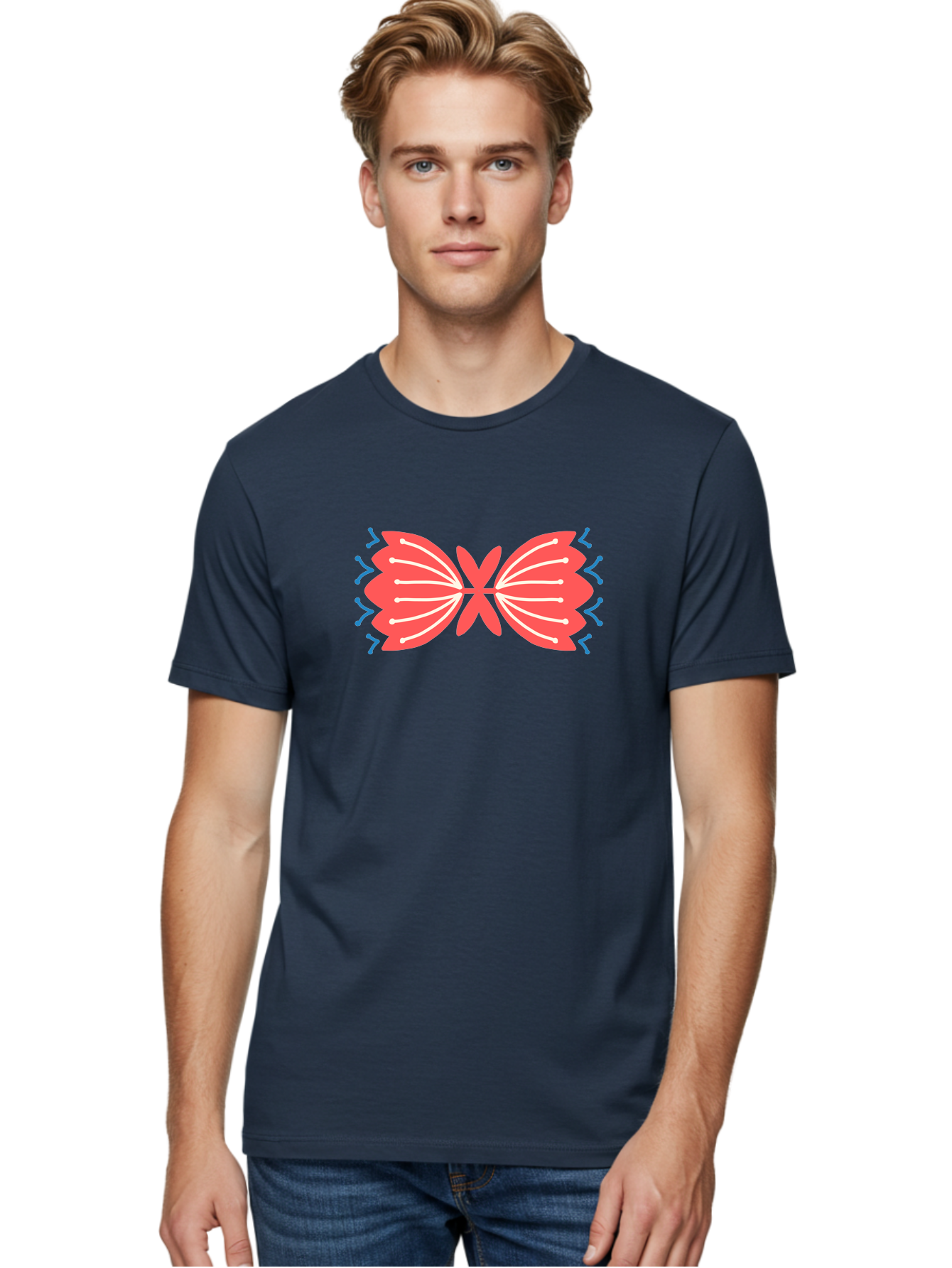 Butterfly Men'S Graphic Tee, 100% Cotton, Comfortable Casual Summer Wear, Machine Washable, Pink Butterfly, Symmetrical Design, White Lines, Blue Zigzags, Abstract Art, Colorful Graphics, Modern Illustration, Decorative Wings Aab676