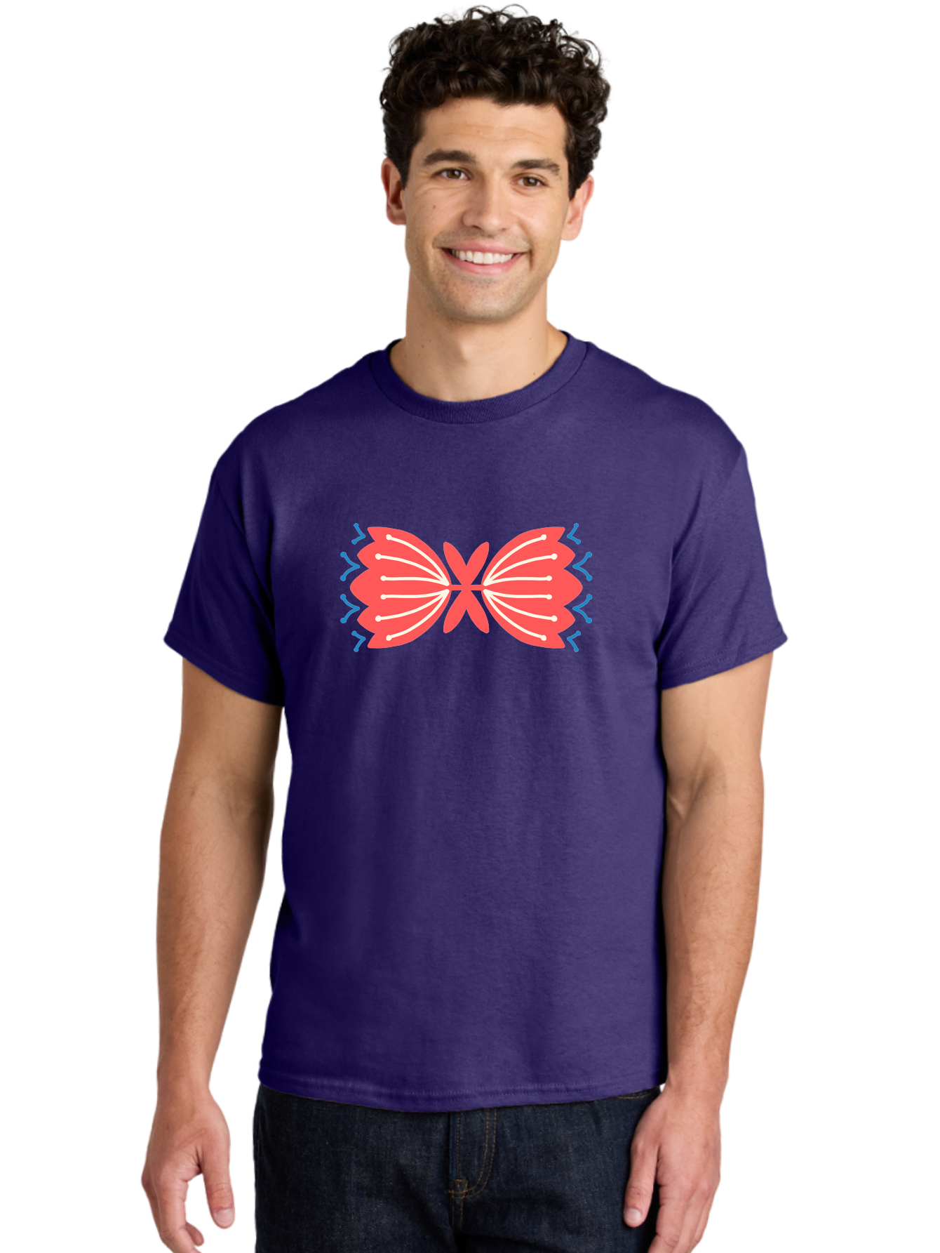 Butterfly Men'S Graphic Tee, 100% Cotton, Comfortable Casual Summer Wear, Machine Washable, Pink Butterfly, Symmetrical Design, White Lines, Blue Zigzags, Abstract Art, Colorful Graphics, Modern Illustration, Decorative Wings Aab676
