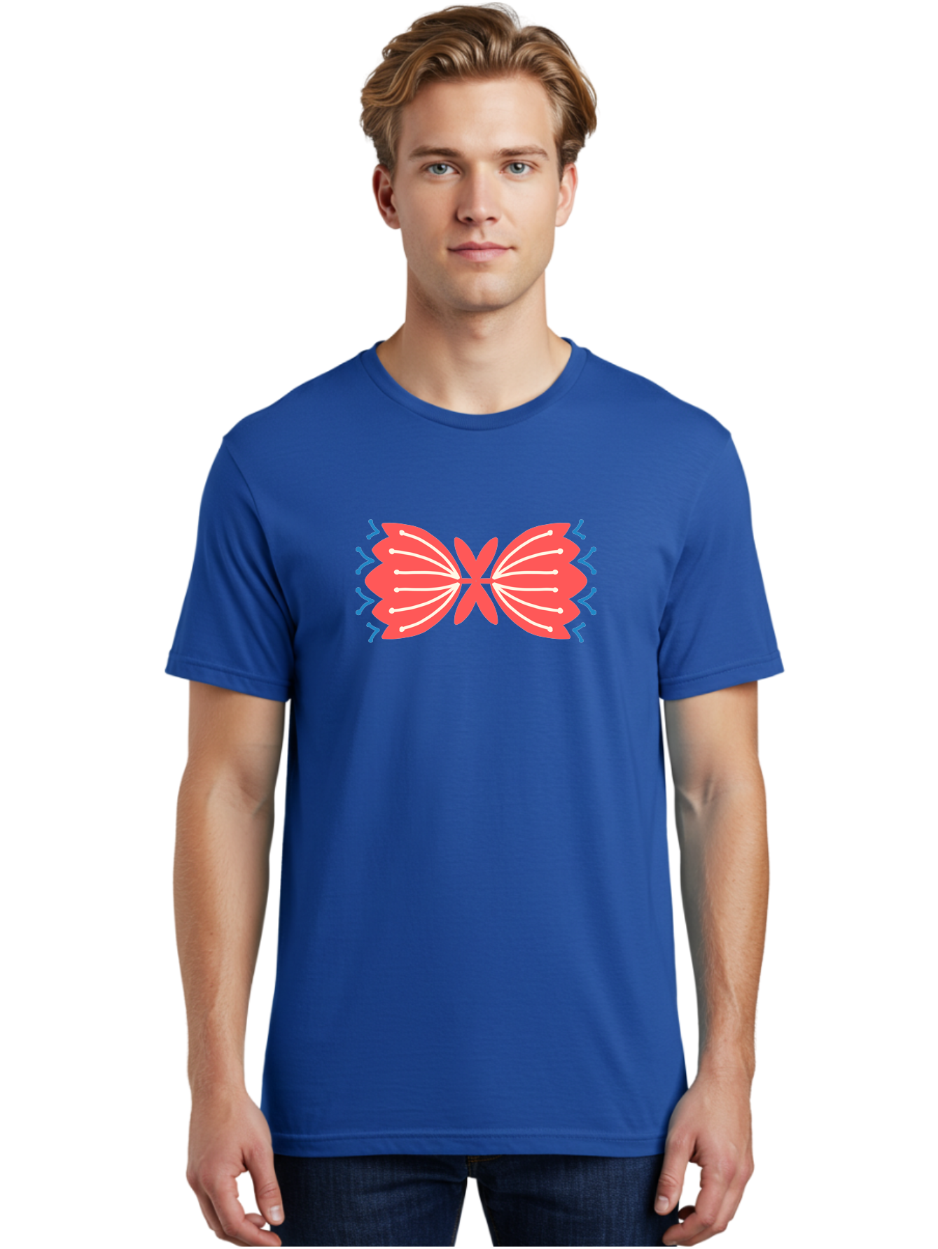 Butterfly Men'S Graphic Tee, 100% Cotton, Comfortable Casual Summer Wear, Machine Washable, Pink Butterfly, Symmetrical Design, White Lines, Blue Zigzags, Abstract Art, Colorful Graphics, Modern Illustration, Decorative Wings Aab676