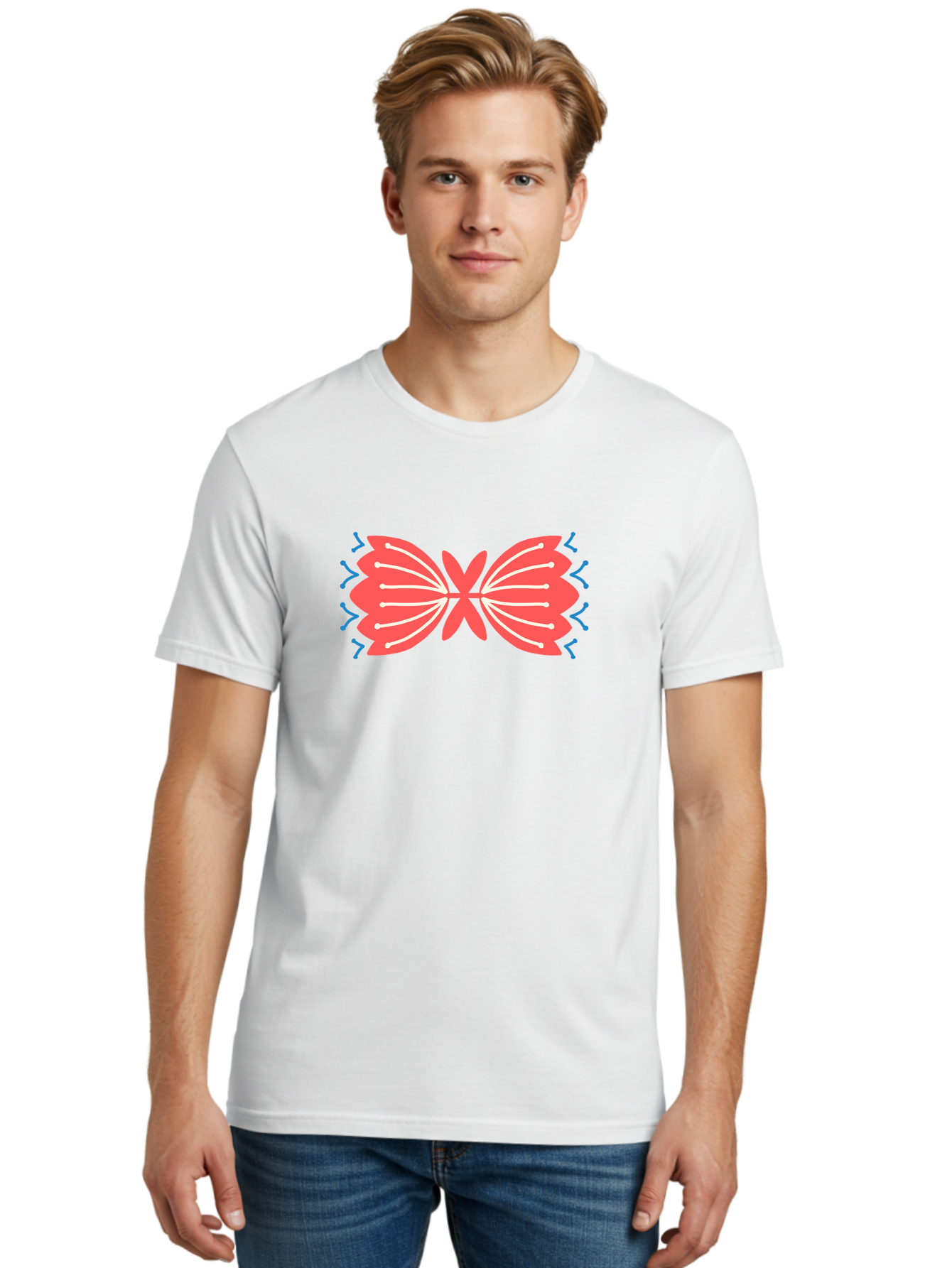 Butterfly Men'S Graphic Tee, 100% Cotton, Comfortable Casual Summer Wear, Machine Washable, Pink Butterfly, Symmetrical Design, White Lines, Blue Zigzags, Abstract Art, Colorful Graphics, Modern Illustration, Decorative Wings Aab676