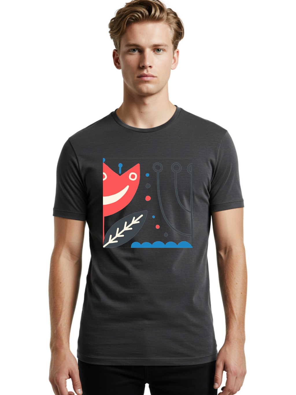 Cat-Face-Leaf Men'S Graphic Tee, 100% Cotton, Comfortable Casual Summer Wear, Machine Washable, Smiling Face, Cartoon Character, Whimsical Design, Abstract Shapes, Playful Atmosphere, Black Leaf, White Details, Multi-Colored Dots, Aab678