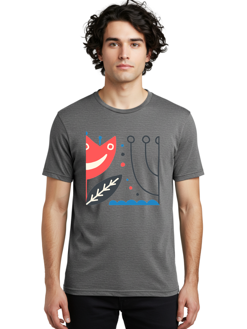 Cat-Face-Leaf Men'S Graphic Tee, 100% Cotton, Comfortable Casual Summer Wear, Machine Washable, Smiling Face, Cartoon Character, Whimsical Design, Abstract Shapes, Playful Atmosphere, Black Leaf, White Details, Multi-Colored Dots, Aab678