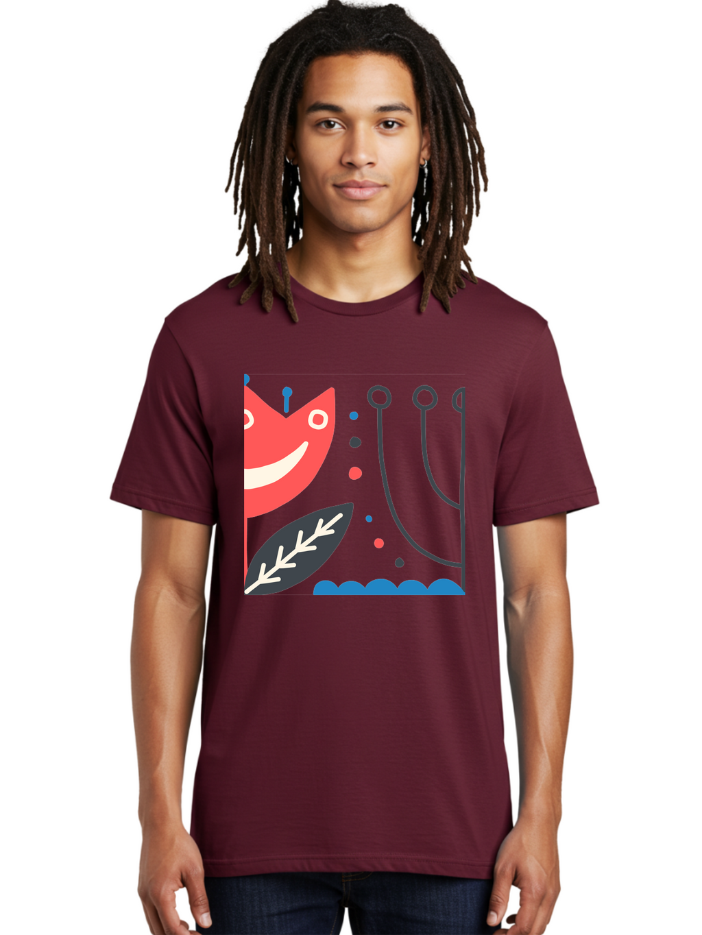 Cat-Face-Leaf Men'S Graphic Tee, 100% Cotton, Comfortable Casual Summer Wear, Machine Washable, Smiling Face, Cartoon Character, Whimsical Design, Abstract Shapes, Playful Atmosphere, Black Leaf, White Details, Multi-Colored Dots, Aab678