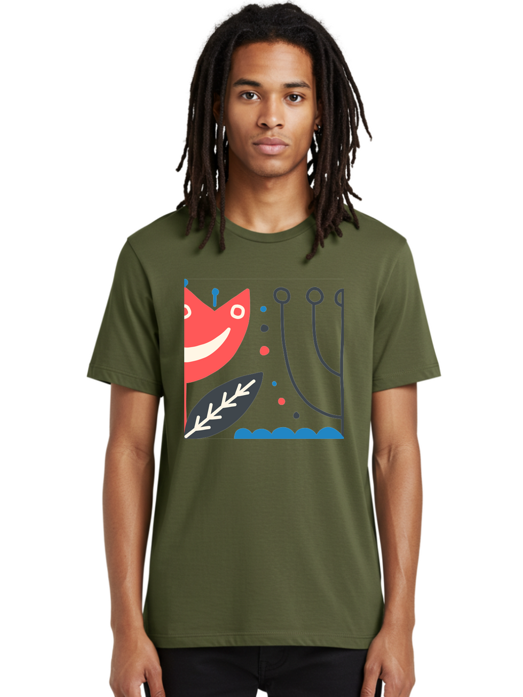Cat-Face-Leaf Men'S Graphic Tee, 100% Cotton, Comfortable Casual Summer Wear, Machine Washable, Smiling Face, Cartoon Character, Whimsical Design, Abstract Shapes, Playful Atmosphere, Black Leaf, White Details, Multi-Colored Dots, Aab678