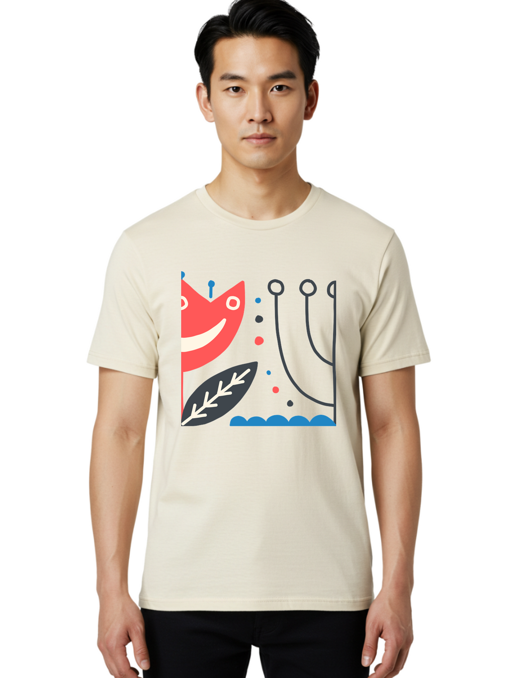Cat-Face-Leaf Men'S Graphic Tee, 100% Cotton, Comfortable Casual Summer Wear, Machine Washable, Smiling Face, Cartoon Character, Whimsical Design, Abstract Shapes, Playful Atmosphere, Black Leaf, White Details, Multi-Colored Dots, Aab678