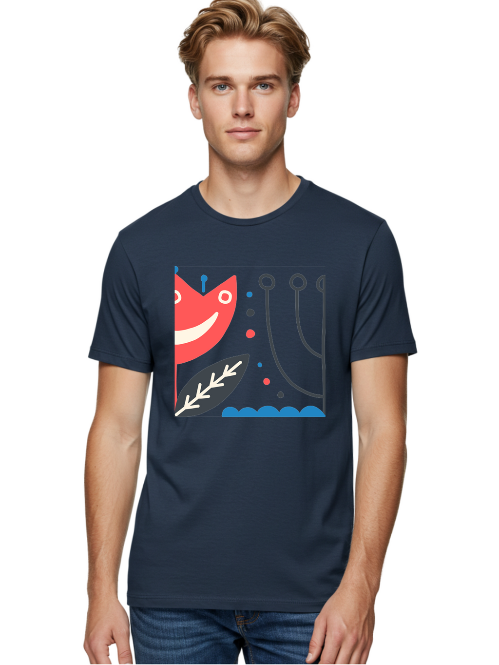 Cat-Face-Leaf Men'S Graphic Tee, 100% Cotton, Comfortable Casual Summer Wear, Machine Washable, Smiling Face, Cartoon Character, Whimsical Design, Abstract Shapes, Playful Atmosphere, Black Leaf, White Details, Multi-Colored Dots, Aab678