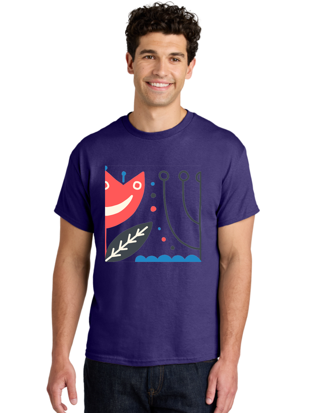 Cat-Face-Leaf Men'S Graphic Tee, 100% Cotton, Comfortable Casual Summer Wear, Machine Washable, Smiling Face, Cartoon Character, Whimsical Design, Abstract Shapes, Playful Atmosphere, Black Leaf, White Details, Multi-Colored Dots, Aab678