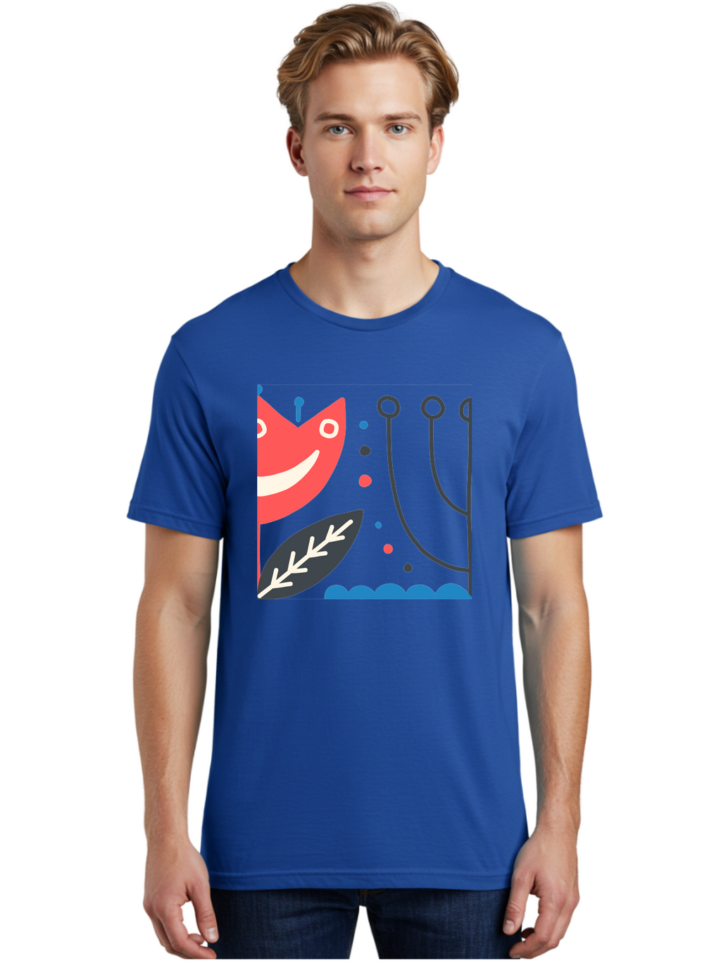 Cat-Face-Leaf Men'S Graphic Tee, 100% Cotton, Comfortable Casual Summer Wear, Machine Washable, Smiling Face, Cartoon Character, Whimsical Design, Abstract Shapes, Playful Atmosphere, Black Leaf, White Details, Multi-Colored Dots, Aab678
