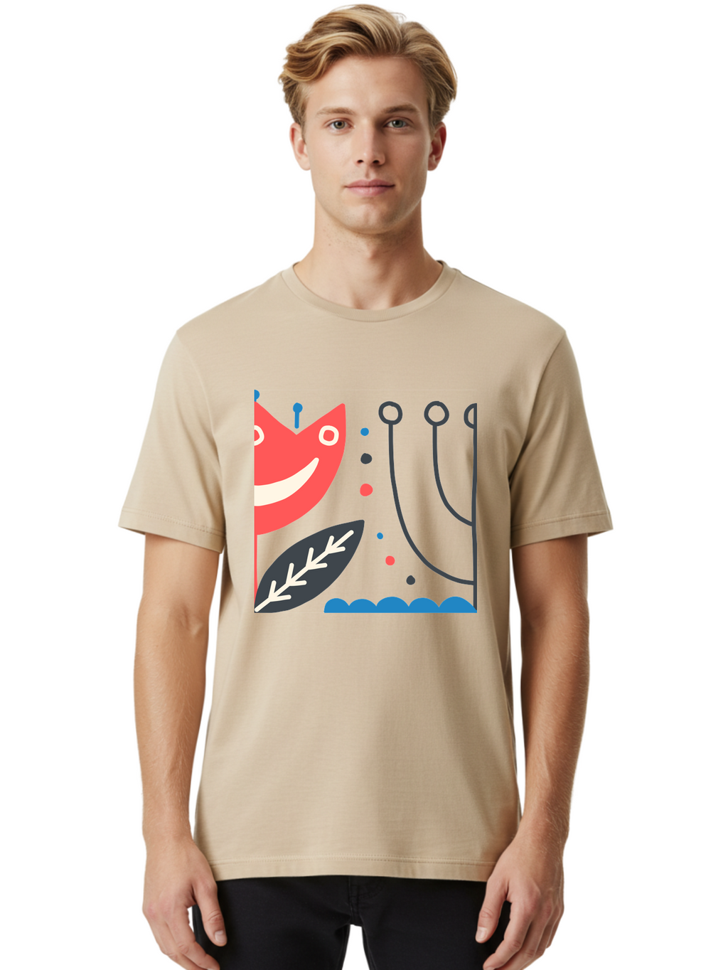 Cat-Face-Leaf Men'S Graphic Tee, 100% Cotton, Comfortable Casual Summer Wear, Machine Washable, Smiling Face, Cartoon Character, Whimsical Design, Abstract Shapes, Playful Atmosphere, Black Leaf, White Details, Multi-Colored Dots, Aab678