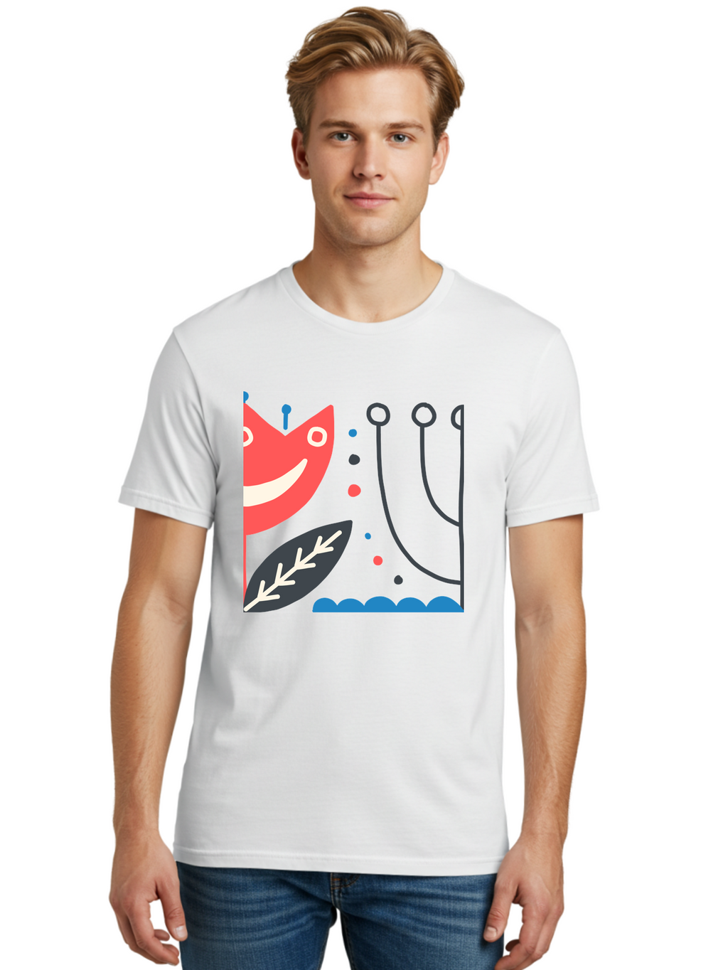Cat-Face-Leaf Men'S Graphic Tee, 100% Cotton, Comfortable Casual Summer Wear, Machine Washable, Smiling Face, Cartoon Character, Whimsical Design, Abstract Shapes, Playful Atmosphere, Black Leaf, White Details, Multi-Colored Dots, Aab678