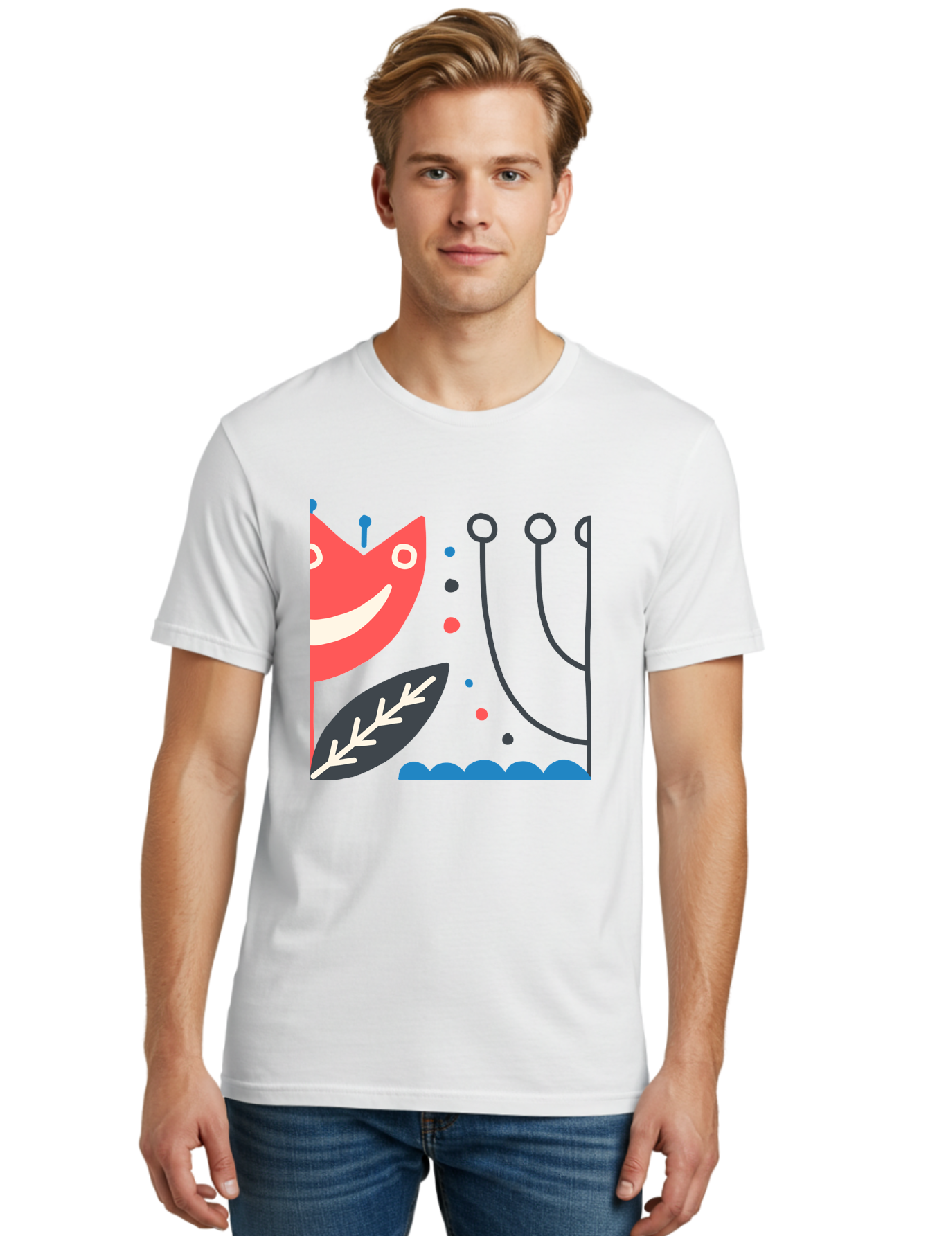 Cat-Face-Leaf Men'S Graphic Tee, 100% Cotton, Comfortable Casual Summer Wear, Machine Washable, Smiling Face, Cartoon Character, Whimsical Design, Abstract Shapes, Playful Atmosphere, Black Leaf, White Details, Multi-Colored Dots, Aab678
